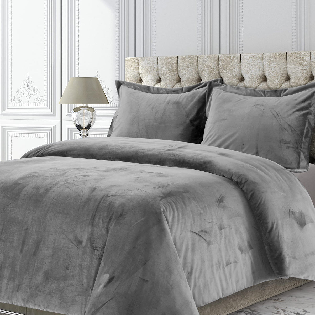 Tribeca Living Veniceduvet Venice Velvet Oversized Solid Duvet Set, King, Smoke Grey