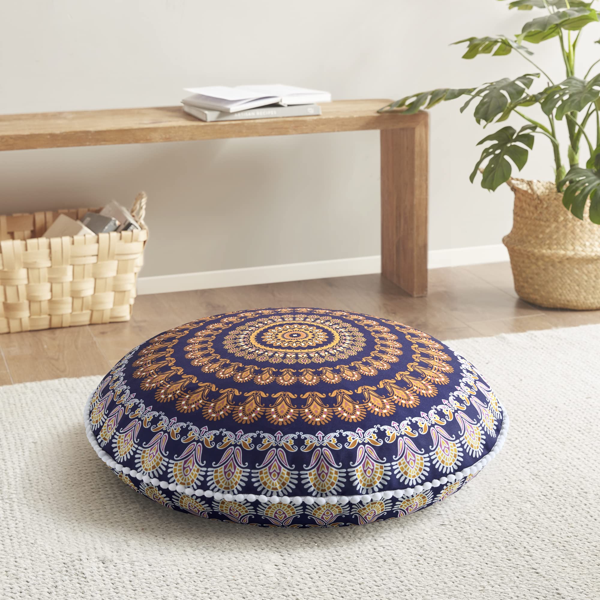 Codi Meditation Floor Pillows Set Of 2, Round Large Pillow Seating For Adults, Bohemian Mandala Circle Floor Cushion For Outdoor Fireplace Yoga Living Room, 32 Inch, Yellow Memory Foam Added