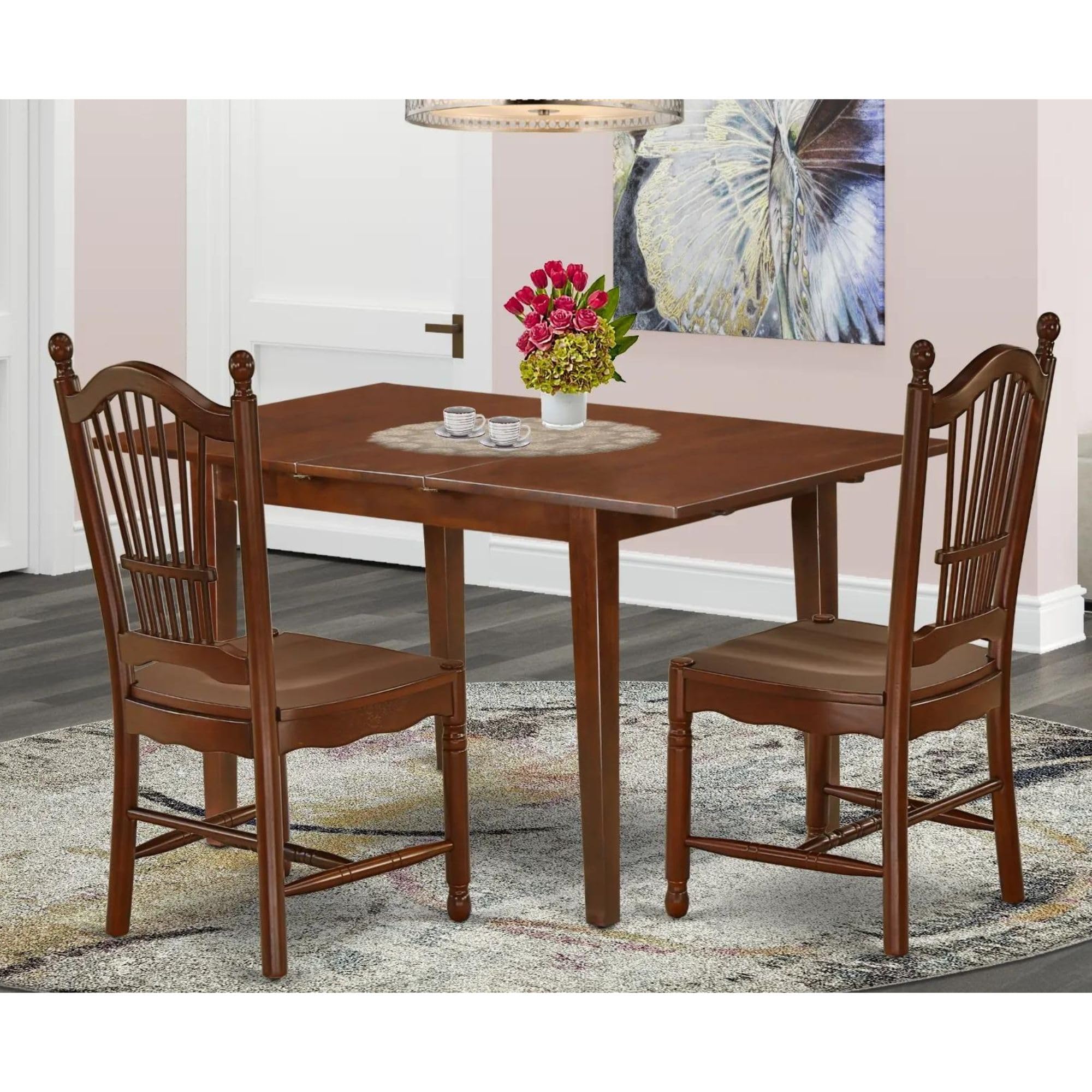 East West Furniture Picasso 3 Piece Kitchen Set For Small Spaces Contains A Rectangle Dining Room Table With Butterfly Leaf And 2 Solid Wood Seat Chairs, 32X60 Inch, Mahogany