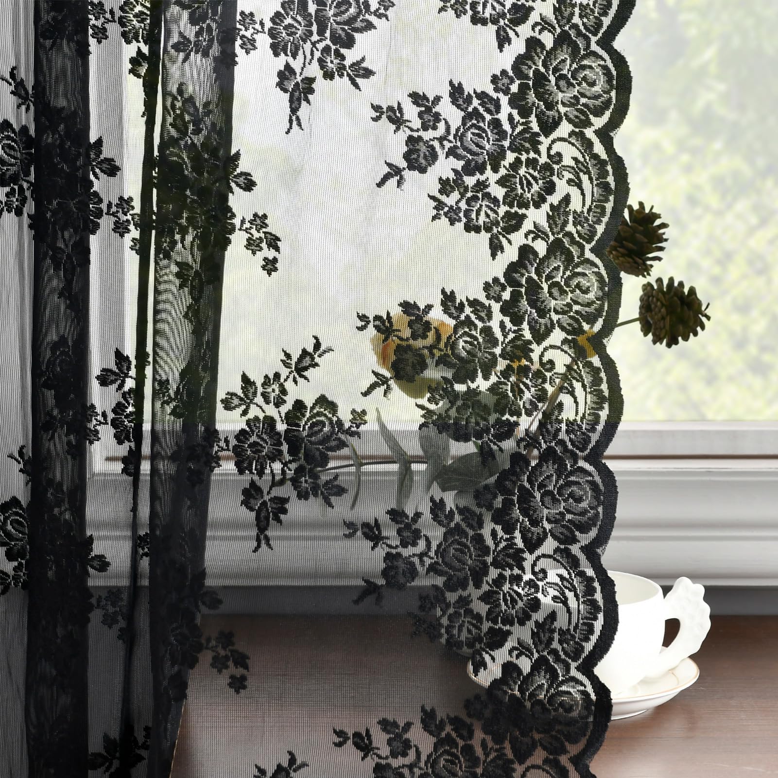 Kotile Black Lace Curtains 63 Inch Length 2 Panels, Country Rustic Floral Gothic Sheer Curtains For Halloween, Rod Pocket Vintag