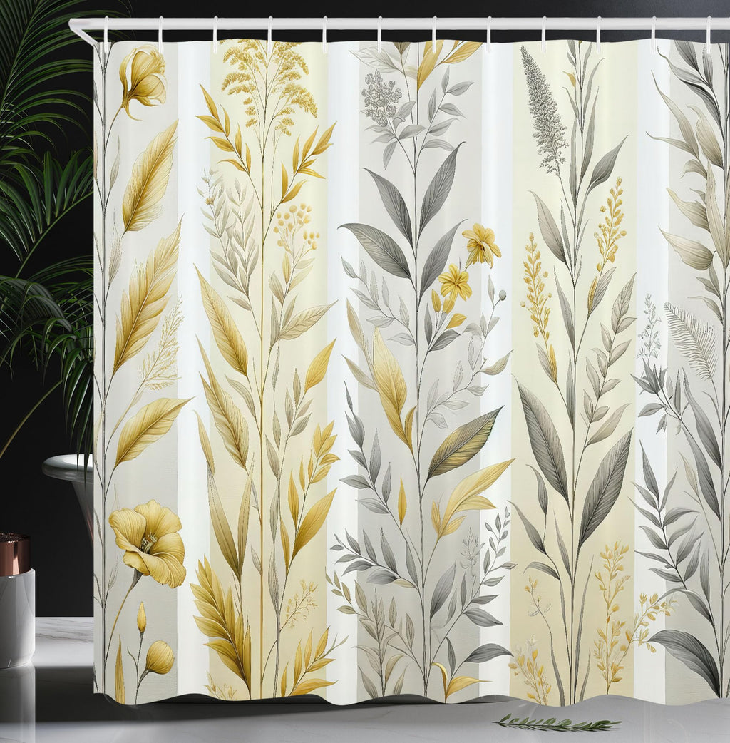 Ambesonne Yellow Shower Curtain, Modern Farmhouse Concept Floral Leaves Composition with Striped Details, Cloth Fabric Bathroom 