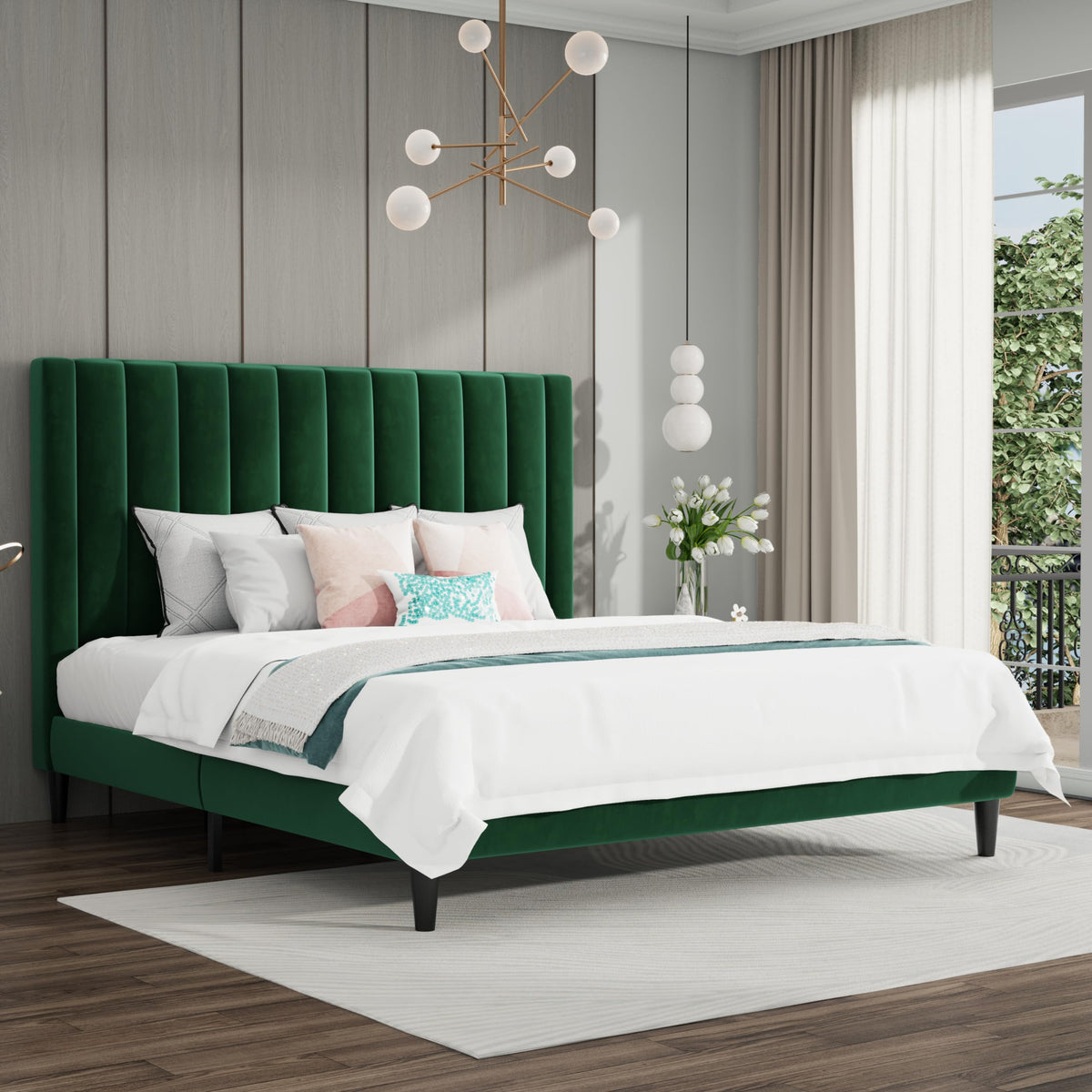 Sha Cerlin King Bed Frame/Velvet Upholstered Platform Bed Frame With Headboard/Strong Wood Slats Support/Mattress Foundation/No Box Spring Needed - Green