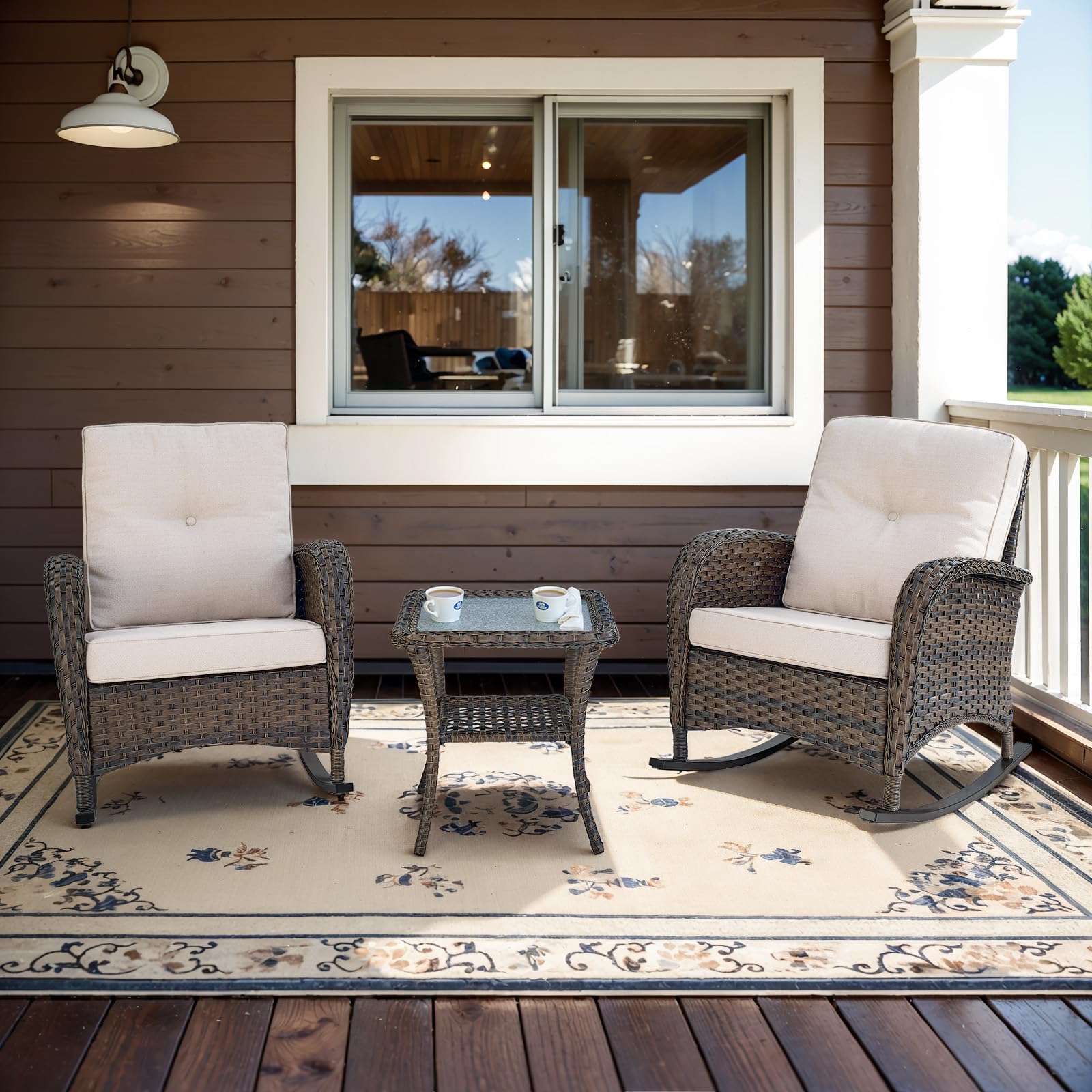 Belord Wicker Porch Rocking Chairs - 3 Pieces Patio Bistro Set High Back Outdoor Rocker Chairs Set With Side Table For Deck Balcony Brown/Beige