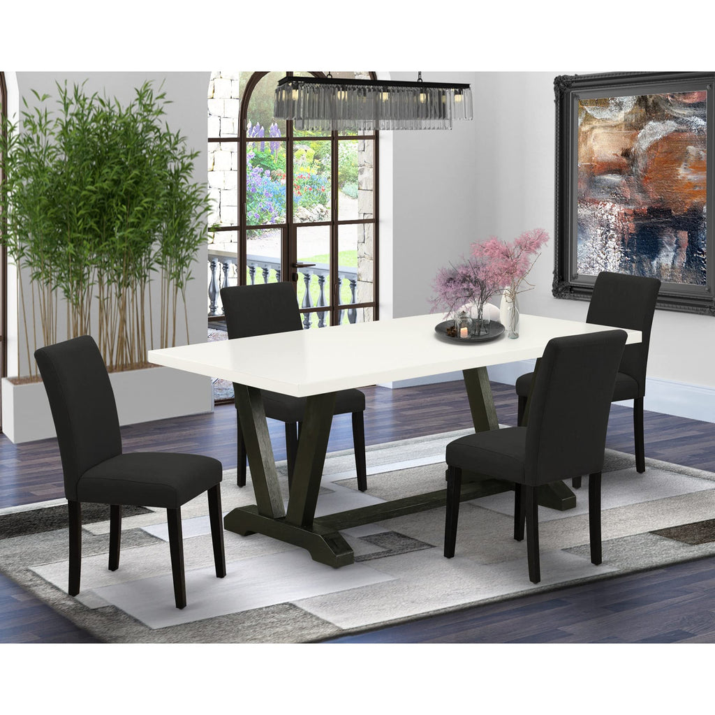 East West Furniture V-Style 5 Piece Set Includes A Rectangle Dining Room Table With V-Legs And 4 Black Linen Fabric Upholstered Parson Chairs, 40X72 Inch, Multi-Color