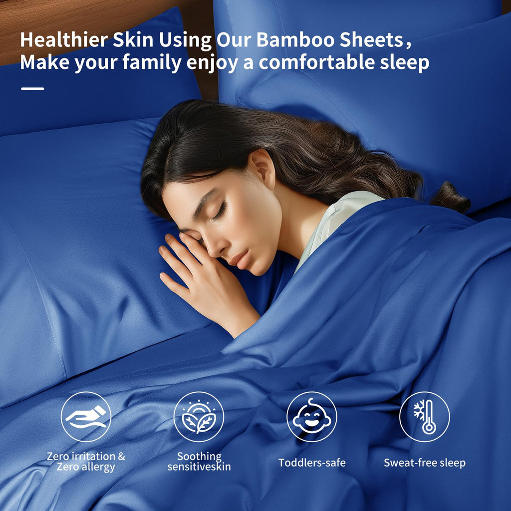 Shilucheng 6 Piece King Sheet Sets, Cooling Sheets, Blend Rayon Derived From Bamboo, Deep Pocket Up To 16', Breathable & Soft Bed Sheets, Hotel Silky Bedding Set, Navy Blue