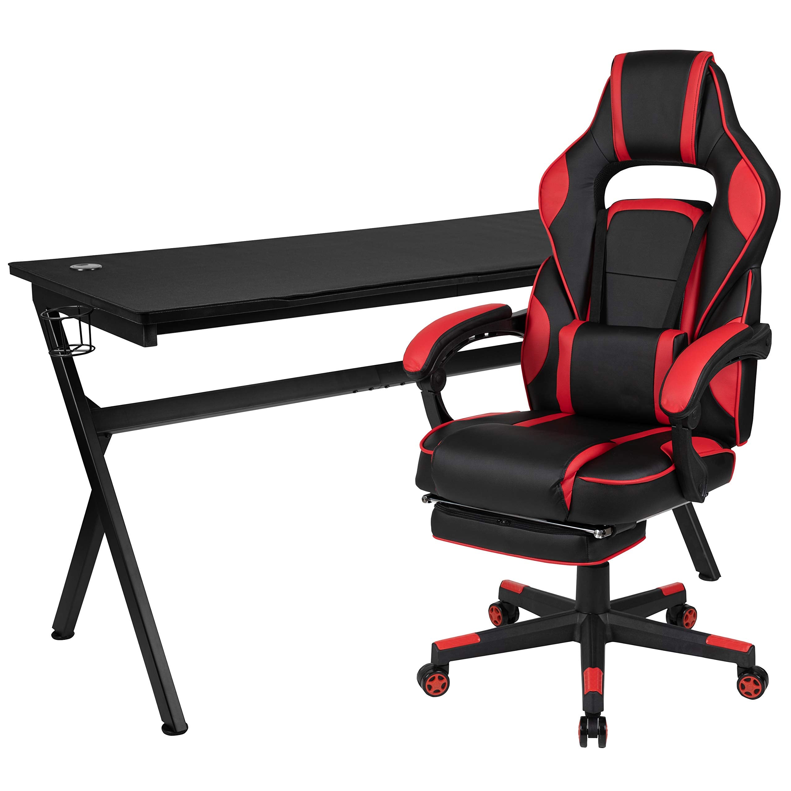 Flash Furniture Optis Gaming Desk With Cup Holder/Headphone Hook/Removable Mousepad Top & Red Reclining Back/Arms Gaming Chair With Footrest