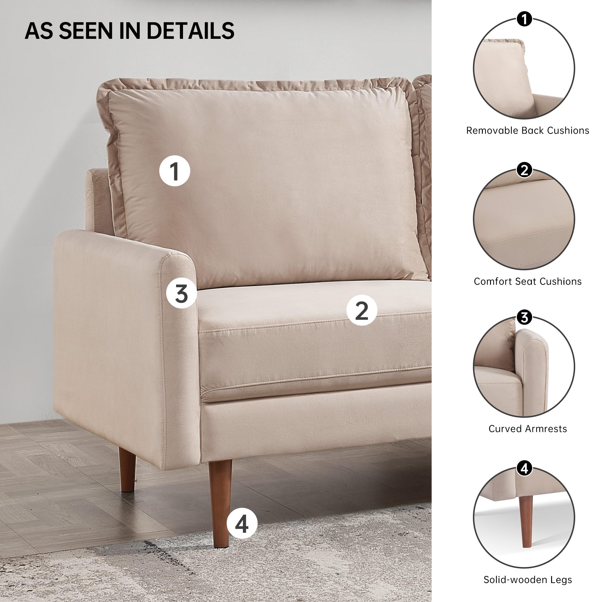 American Furniture Classics Beige 57 Inch Wide Upholstered Two Cushion Loveseat with Cambered Arms Velvet, 57&quot; x 32&quot; x 39&quot;