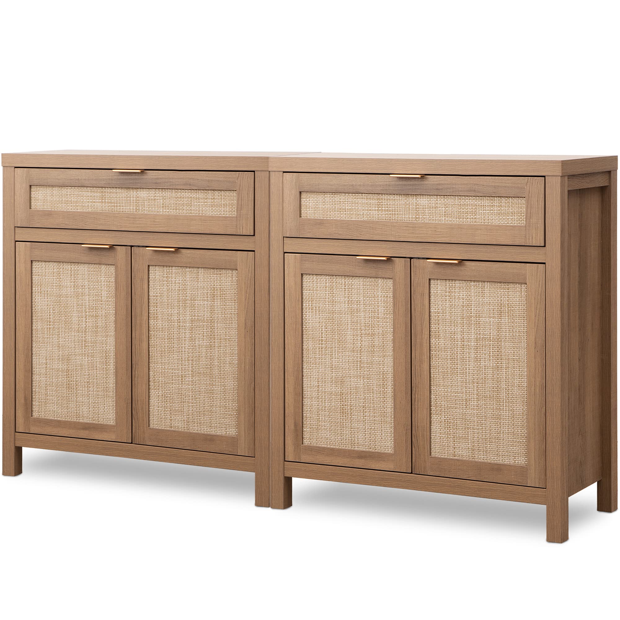 Sicotas Sideboard Buffet Cabinet Set Of 2, Rattan Credenza Storage Cabinet, Boho Buffet Table Console Cabinet With Drawer, Farmhouse Coffee Bar Cabinet For Entryway Living Room, Natural Oak