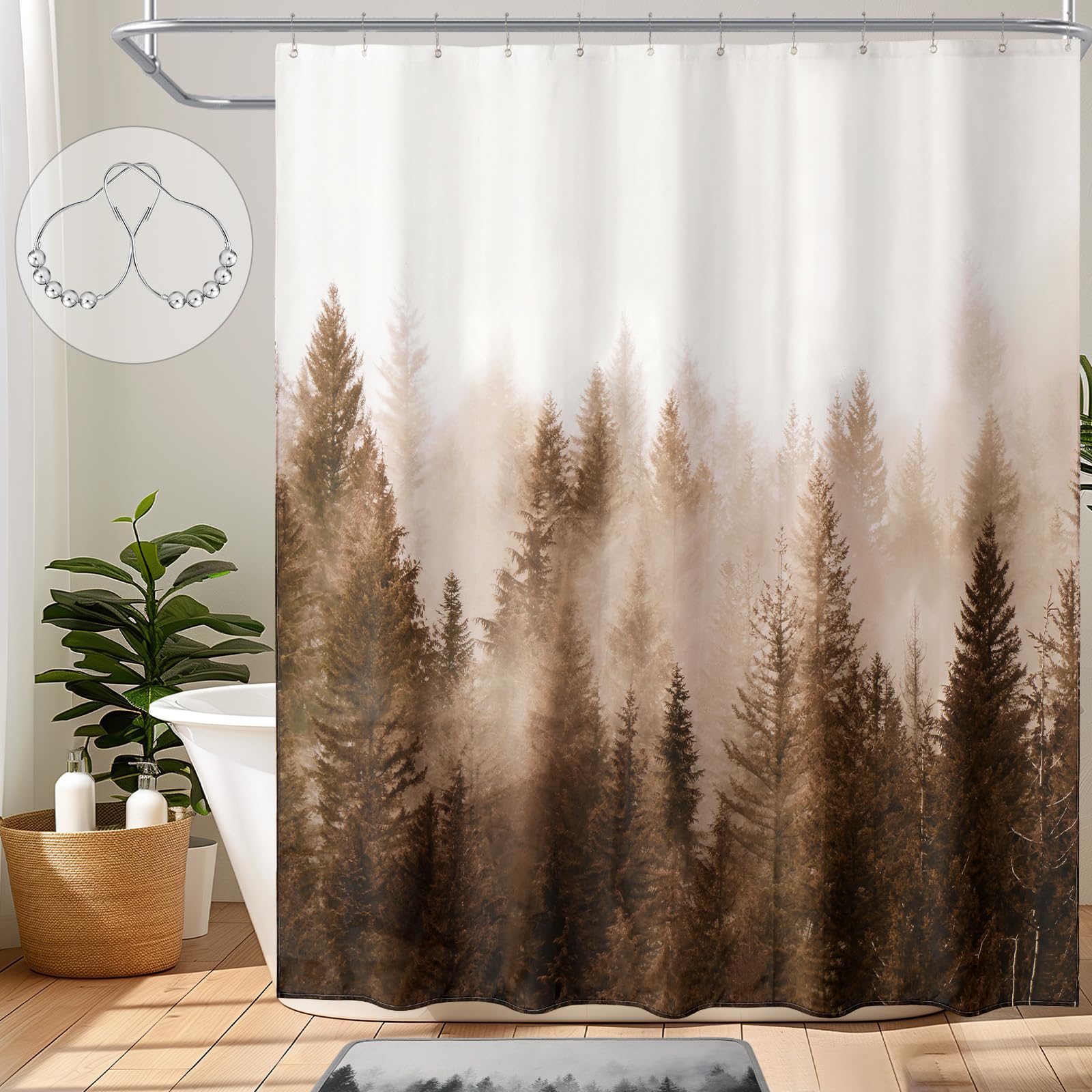 ORTIGIA Brown Misty Forest Shower Curtain for Bathroom, Nature Woodland Shower Curtain Set with Hooks, Decorative Pine Tree Fog 