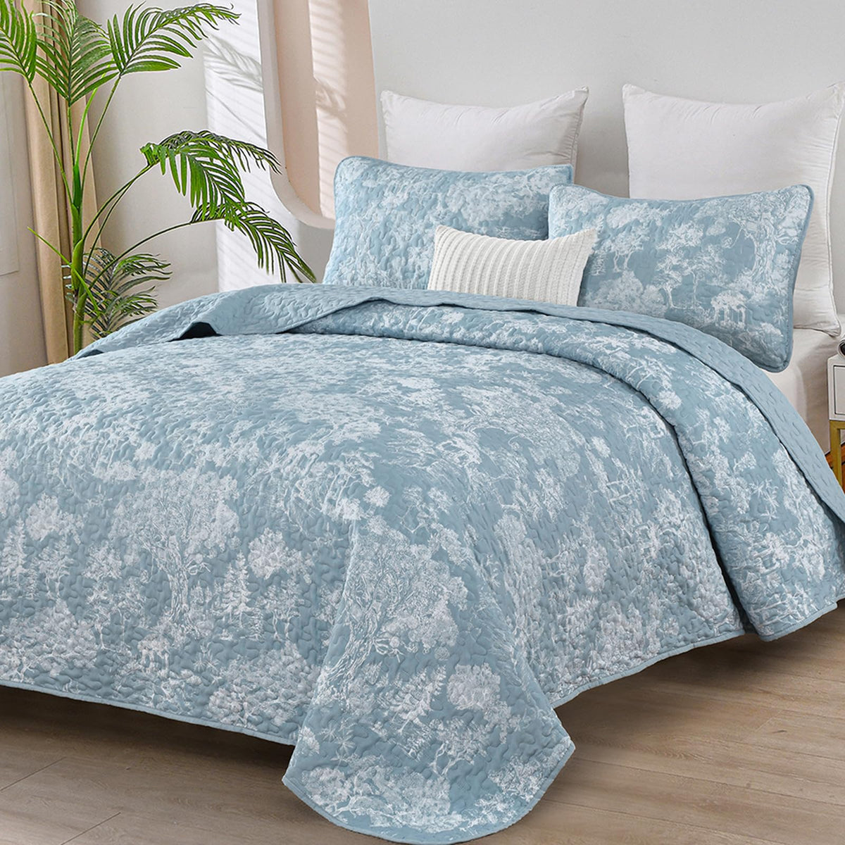 Wongs Bedding Botanical Quilt Set Queen Size, Aqua 3 Pieces Floral Plants Printed Bedspread Bedding Set Soft Lightweight Microfi