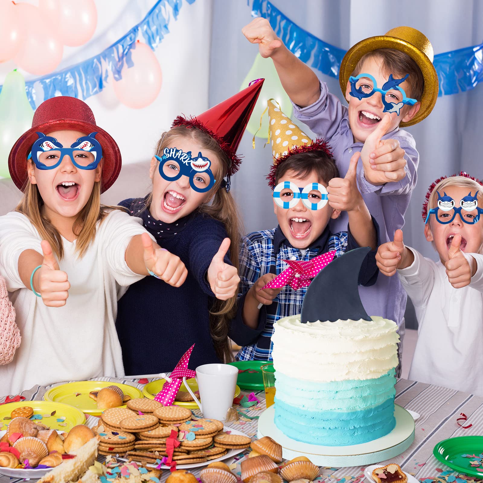 Liliful 32 Pcs Shark Party Eyeglasses Kids Shark Paper Eyeglasses Shark Themed Party Paper Glasses Shark Paper Glasses Photo Boo