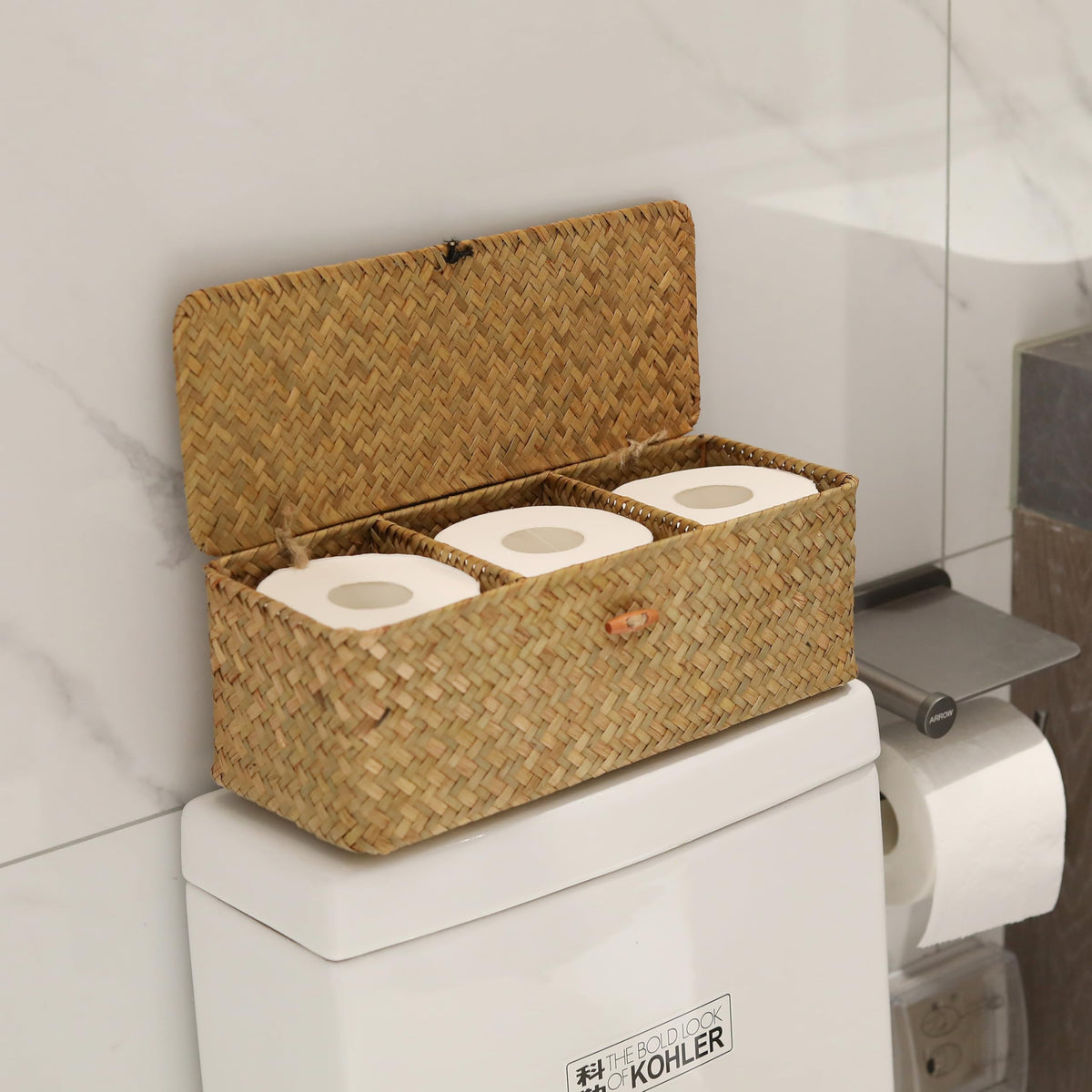 Seagrass Toilet Tank Basket with Lid Bathroom Toilet Paper Storage Baskets with 3 Sections for Organizing (16.5 x 5.5 x 5.5 inch