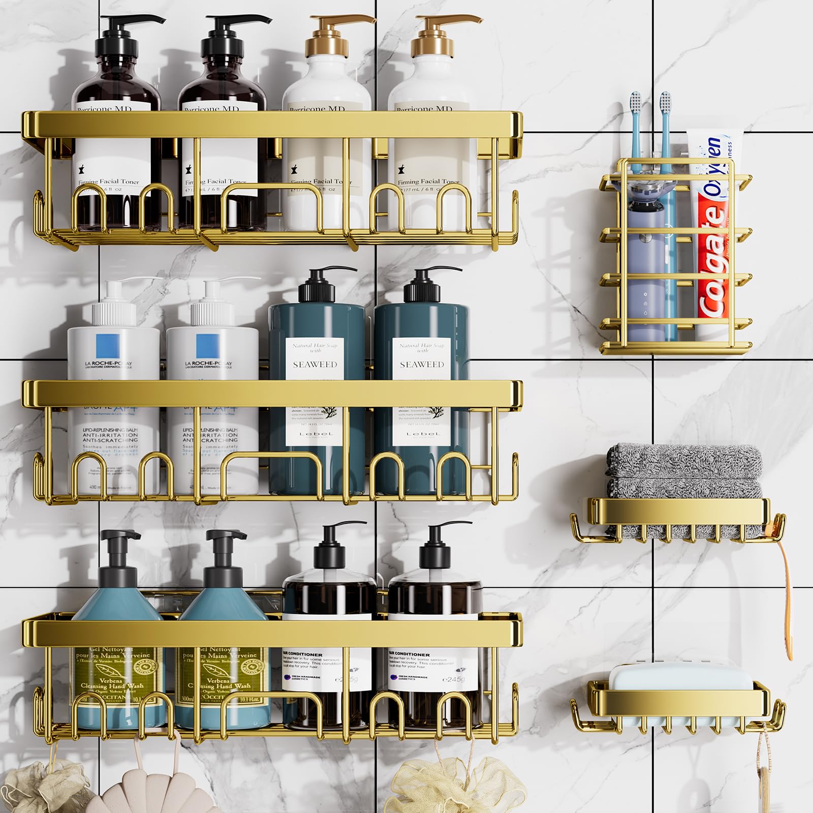 Veken Adhesive Shower Caddy 6-Pack,Heavy Weight Bearing,Large Wall Mounted Shower Shelves Rack,Organizer Storage Accessories Wit