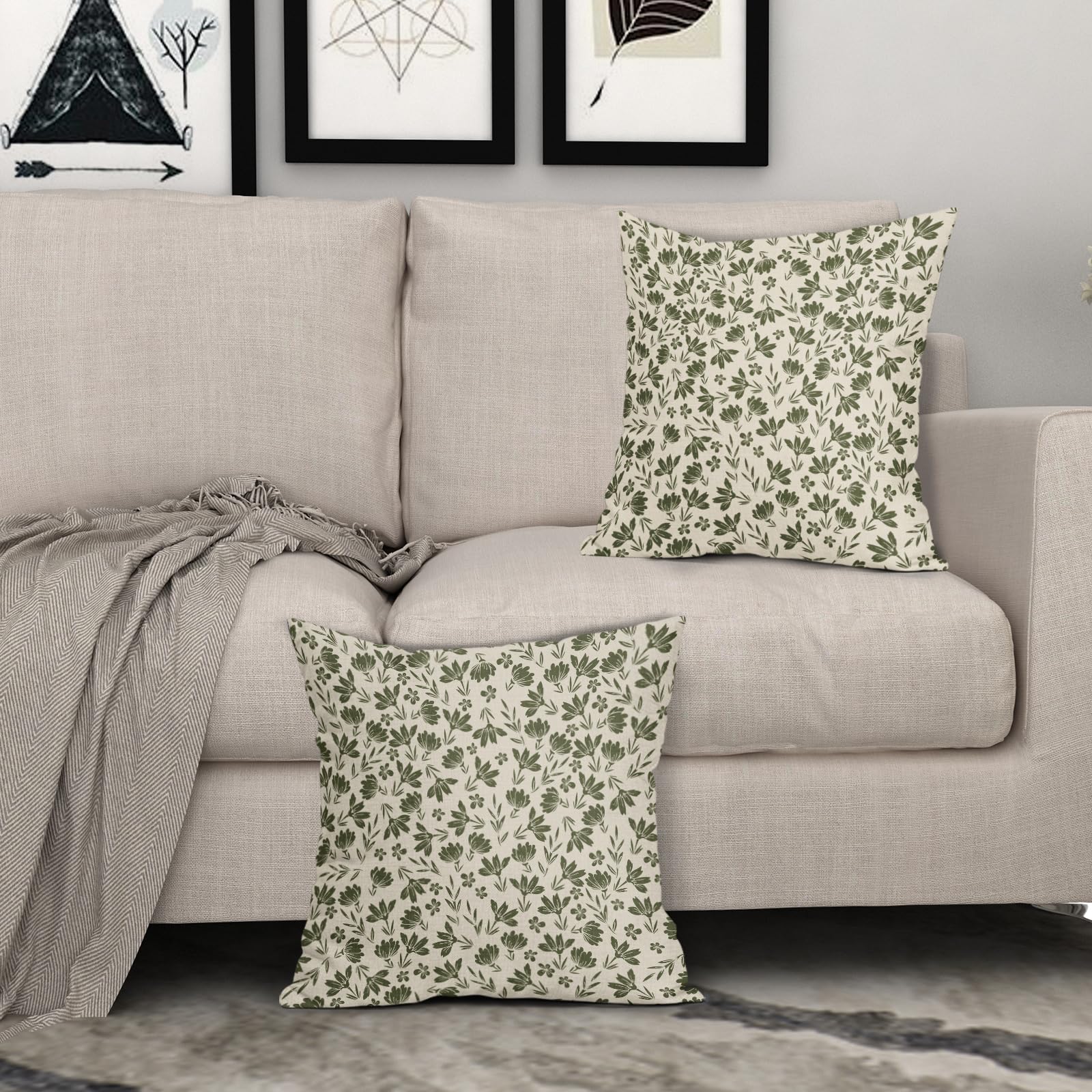 Olive Green Floral Pillow Covers 18X18 Set Of 2 Vintage Rustic Old Style Cute Small Flower Green Cream Print Decorative Outdoor