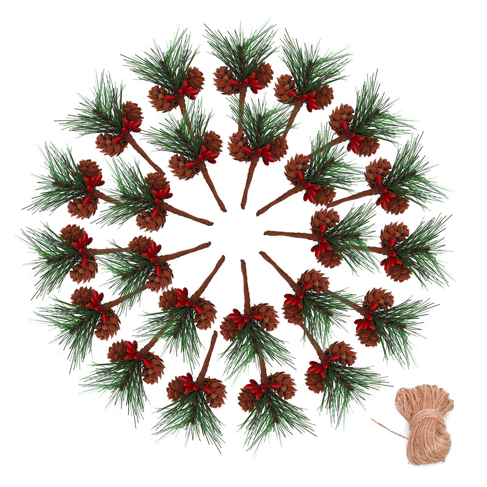 Geefuun 24Pieces Christmas Artificial Pine Needle/Pick Decorations 1 Pack Jute Twine Rope - Xmas Party Gift Wrapping Decor Wreat