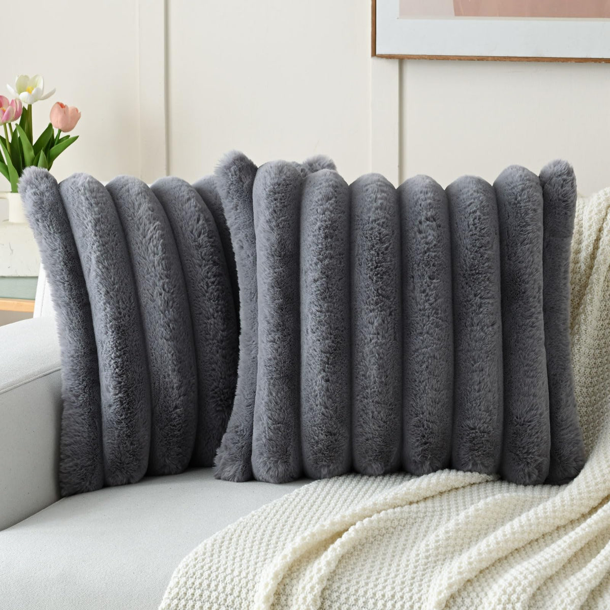 Futei Grey Decorative Throw Pillow Covers 20X20 Inch Set Of 2, Square Soft Faux Rabbit Fur Big Striped Cushion Cover,Home Decor