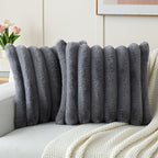 Futei Grey Decorative Throw Pillow Covers 24X24 Inch Set Of 2, Square Soft Faux Rabbit Fur Big Striped Pillow Sham,Home Decor Fo