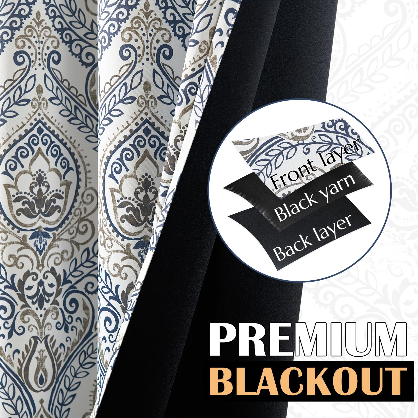 Jinchan 100% Blackout Curtains 90 Inch Length 2 Panels Blue Damask Medallion Window Curtains For Bedroom Grommet Thermal Insulated Drapes For Living Room Vintage Luxury Window Treatments Set