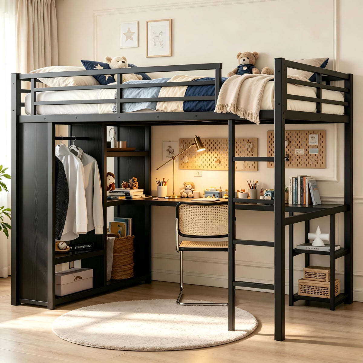PVWIIK Full Size Loft Bed with Desk & Wardrobe, Black