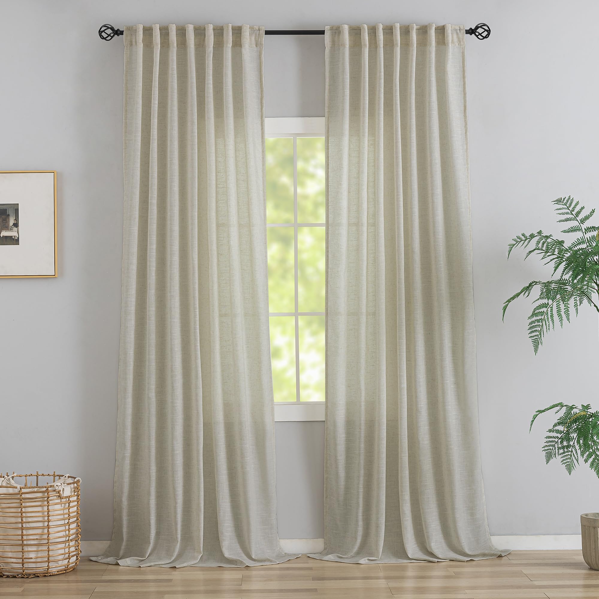 132 Inch Length Real Flax Linen Curtains For High Ceiling Villa Living Room -2 Panels Hanging Back Tab Hooks Pleated Privacy Non