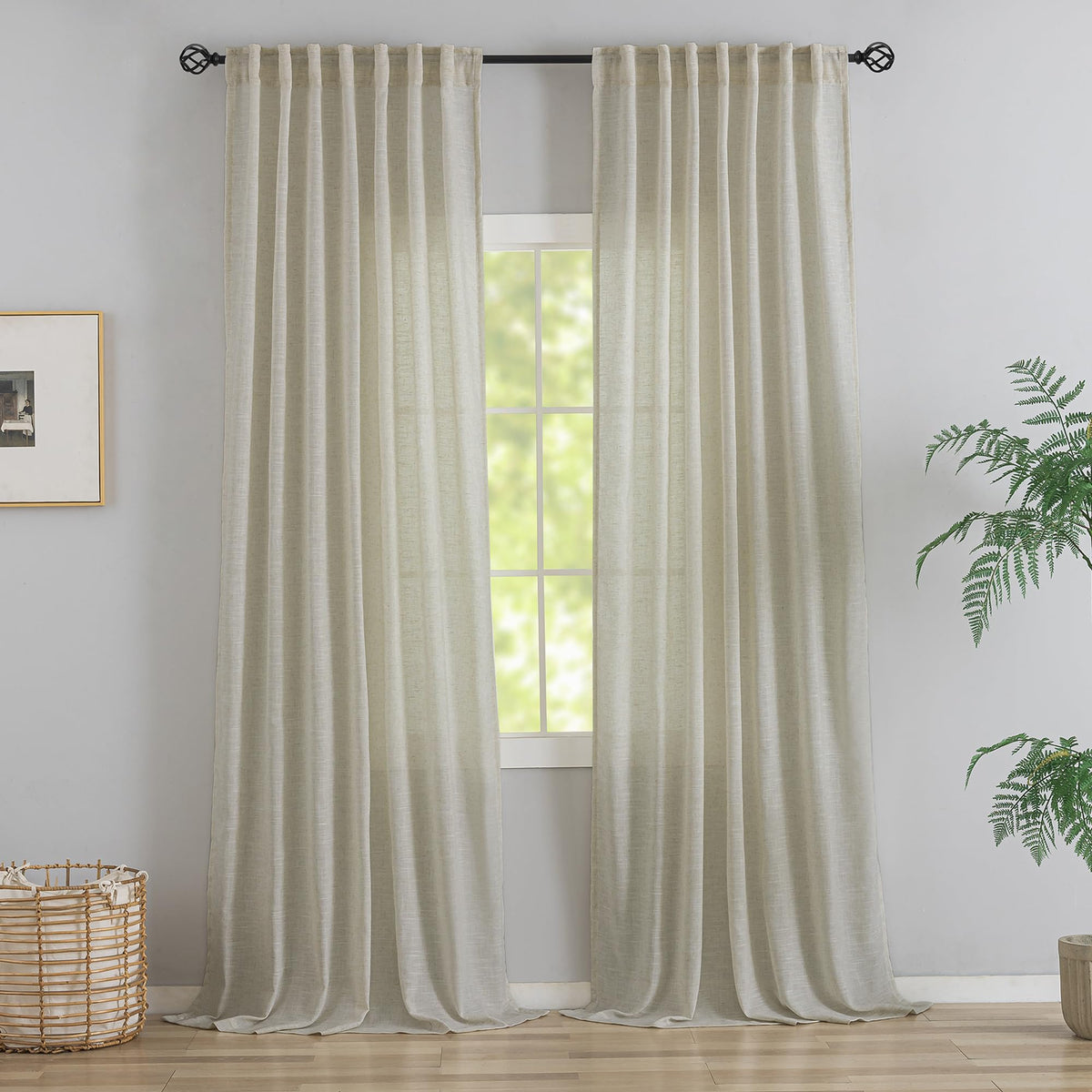 132 Inch Length Real Flax Linen Curtains For High Ceiling Villa Living Room -2 Panels Hanging Back Tab Hooks Pleated Privacy Non