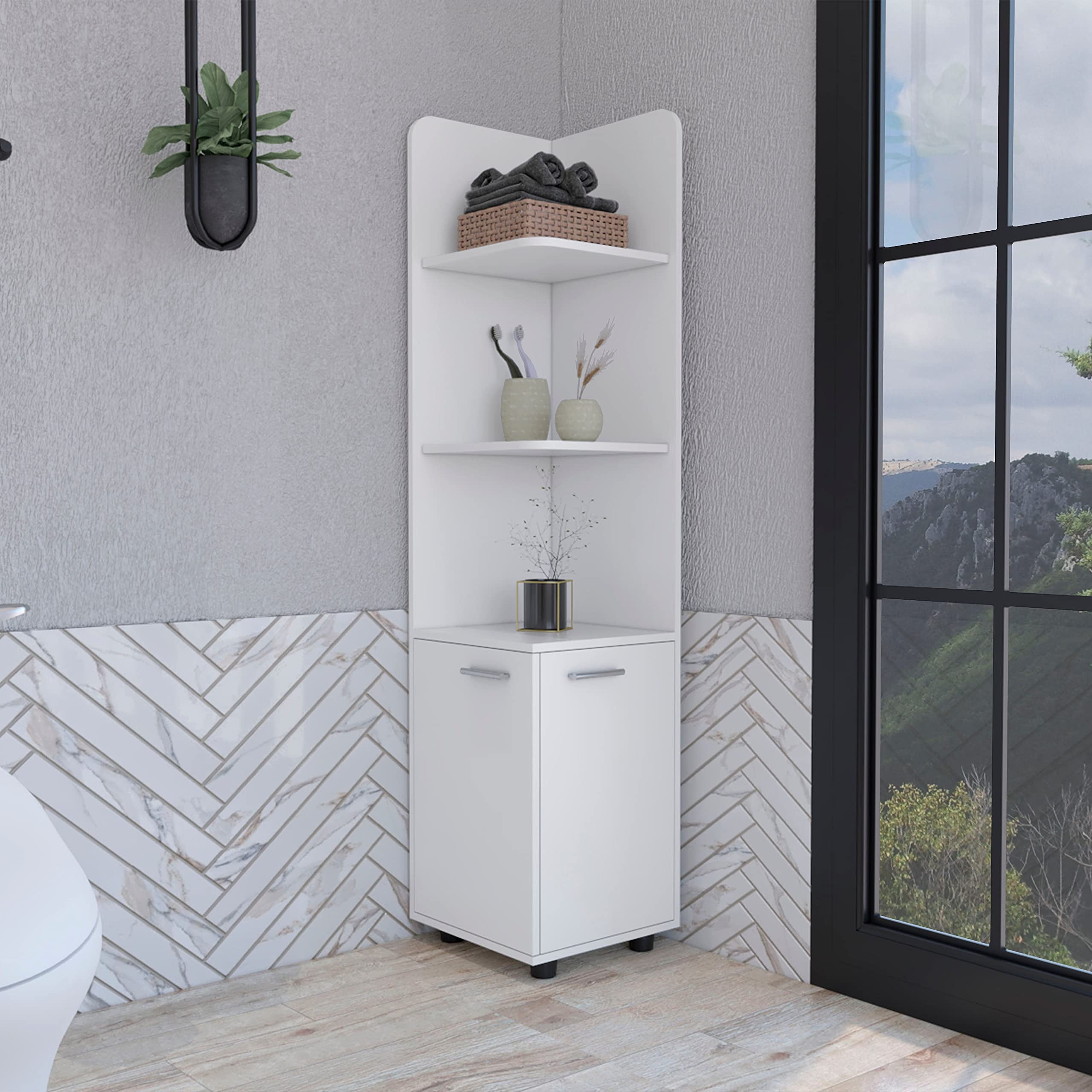 Depot E-Shop Vestal Tall Corner Cabinet With 3-Tier Shelf And 2-Door, White