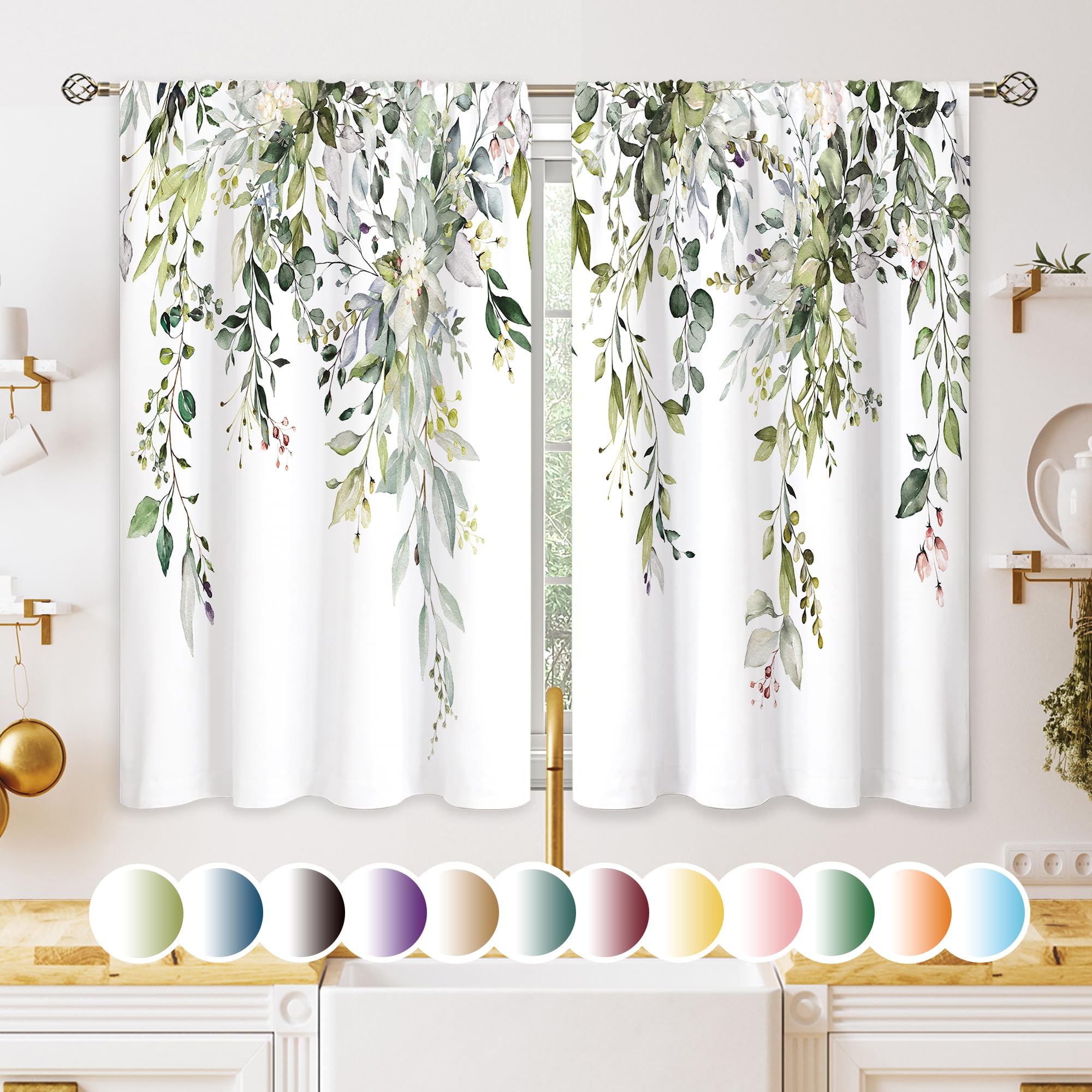 Oolygoo Eucalyptus Botanical Leaves Floral Kitchen Window Curtains Over Sink Boho Farmhouse Flower Leaf Small Window Treatment S