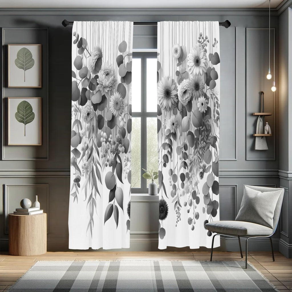 Ambesonne Grey Window Curtains Pack Of 2, Modern Illustration Of Futurist Design Leafy Floral Scene Monochrome Style, Lightweight Set & Rod Pocket, 4 Panels Of - 28' X 95', Pearl Charcoal Grey