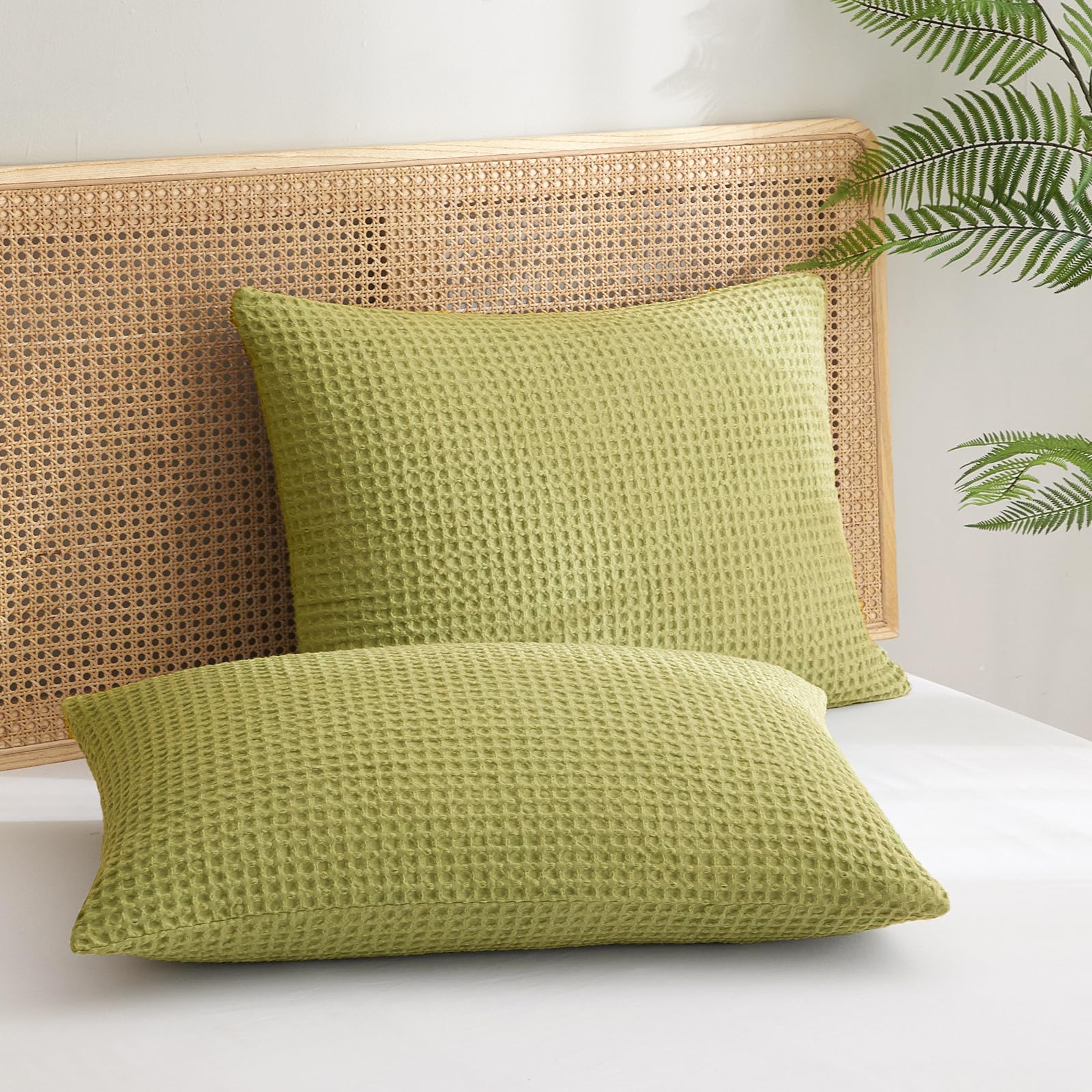 Phf Ultra Soft Waffle Weave Pillowcases King Size 20' X 36' 2 Pack, No Insert, Breathable Skin-Friendly Pillow Shams, Decorative Waffle Weave Pillow Case Covers, Olive Green