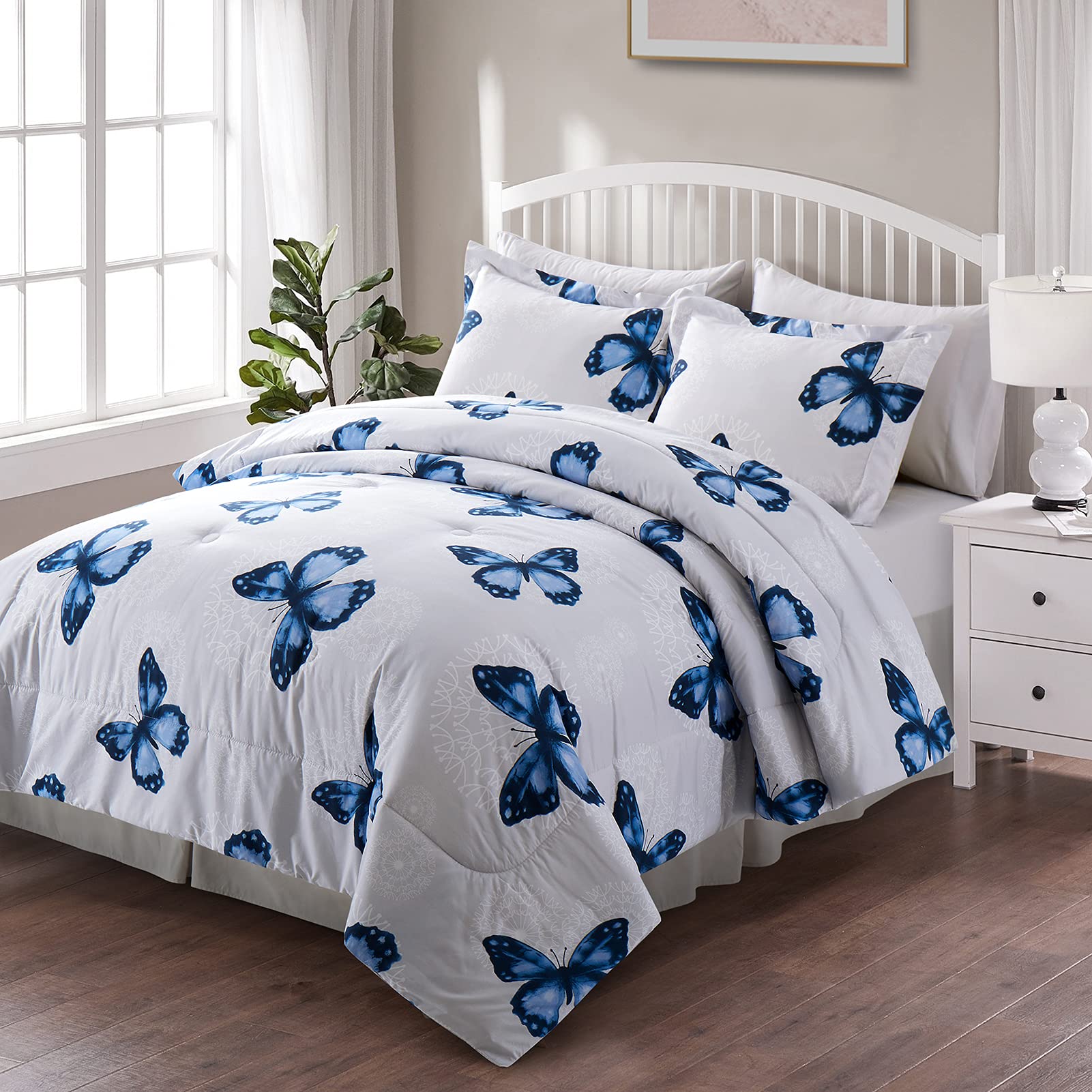 Artall Butterfly Pattern Bed In A Bag Bedding 8 Piece Full/Queen Comforter Sets 1 Comforter, 2 Pillow Shams, 1 Flat Sheet, 1 Fit