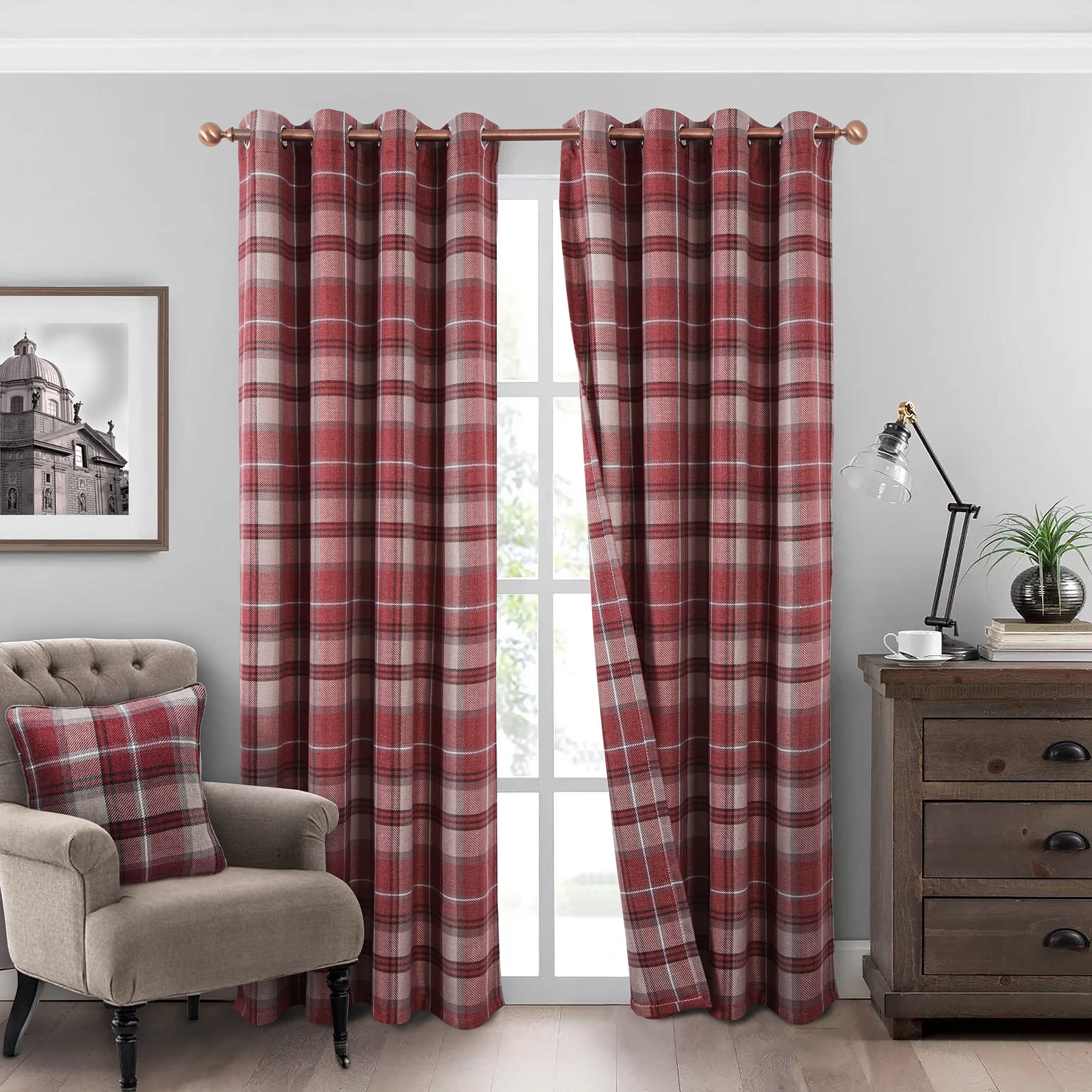Always4U Plaid Curtains Highland Woolen Look Modern Classic Window Drapes Red Check Tartan Curtains For Living Room Bedroom 2 Pa