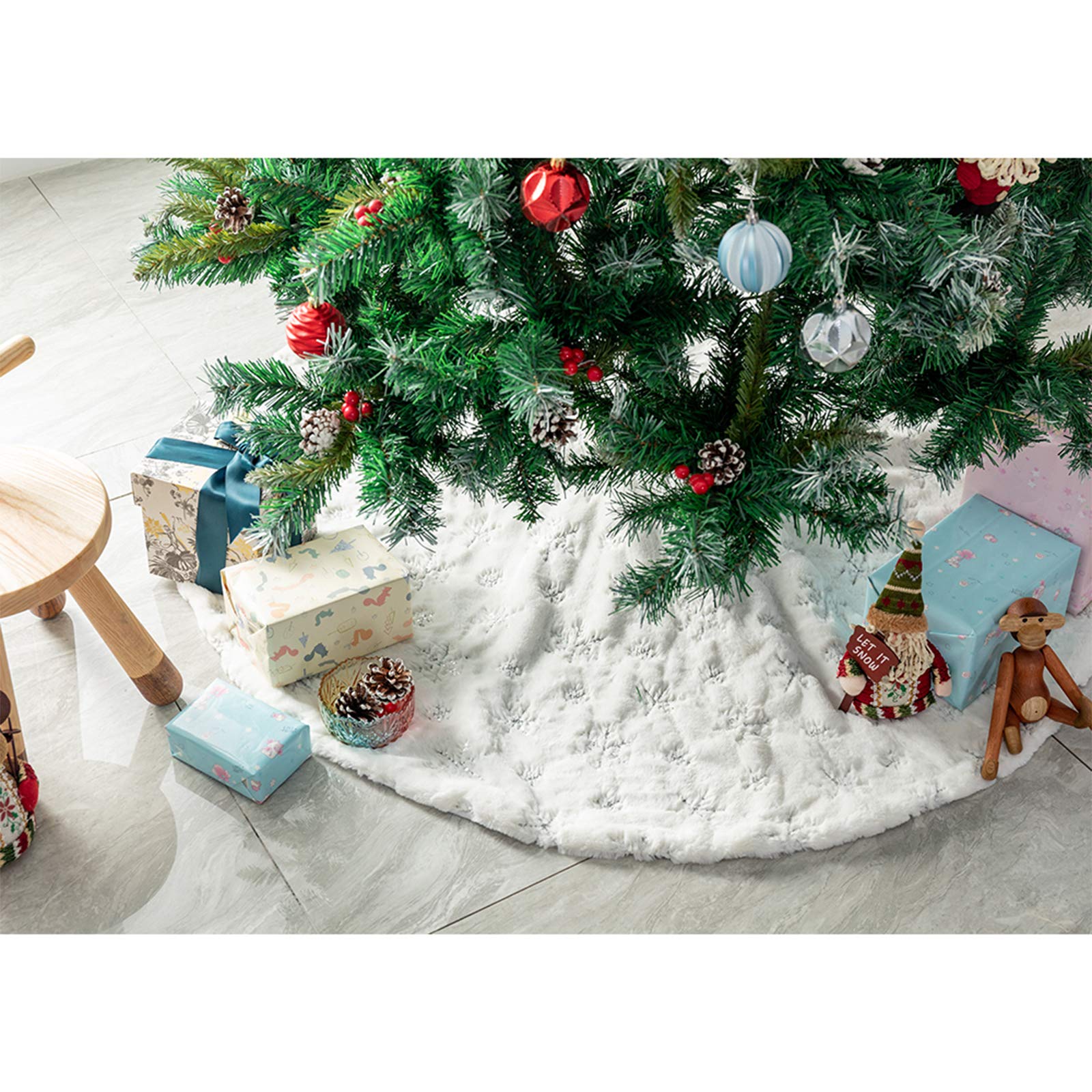 Deggod Plush Christmas Tree Skirts, 30 Inches Luxury Snowy White Faux Fur Xmas Tree Base Cover Mat With Silver Snowflakes For Xm