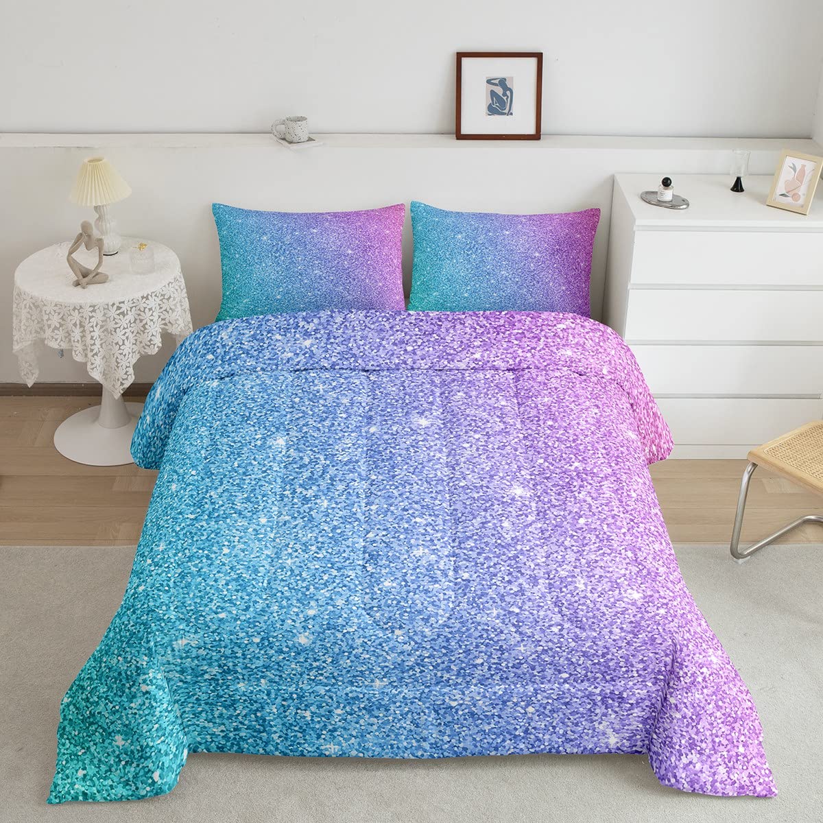 Colorful Glitter Bedding Full Girly Turquoise Teal Blue Pink Pastel Girls Comforter Set 3 Pcs Trendy Quilt Duvet for Kid Women D