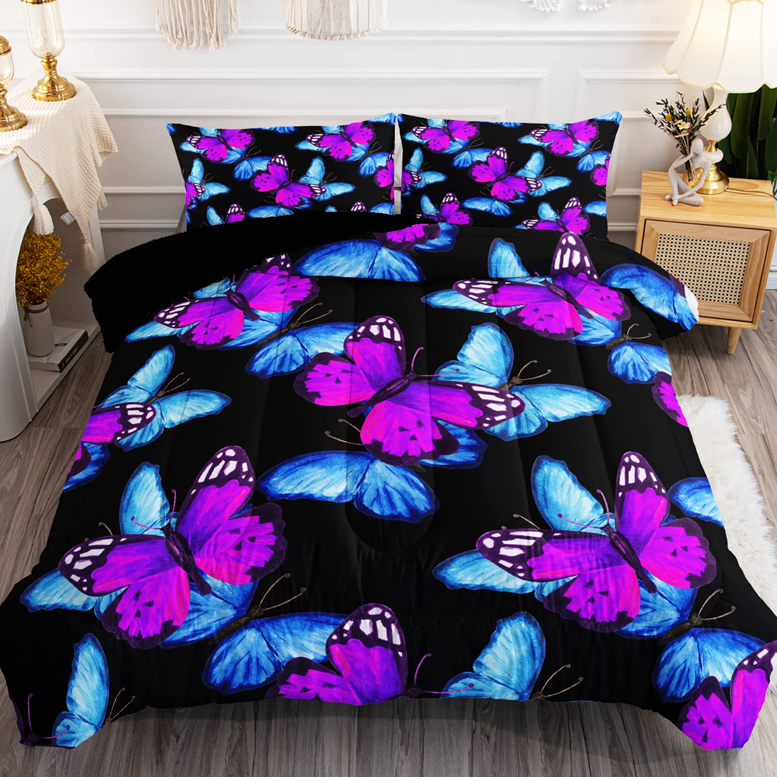 Bsntho Purple Blue Butterfly Comforter Set Queen Size 3 Pieces Flying Butterfly Pattern Bedding Set Lightweight Ultra Soft Micro