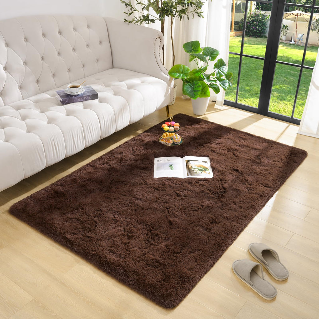 Detum Bedroom Rug Coffee 4X6 Fluffy Area Rugs For Bedroom Soft Living Room Rug Large Area Rug Washable And Nonslip Carpets Moder