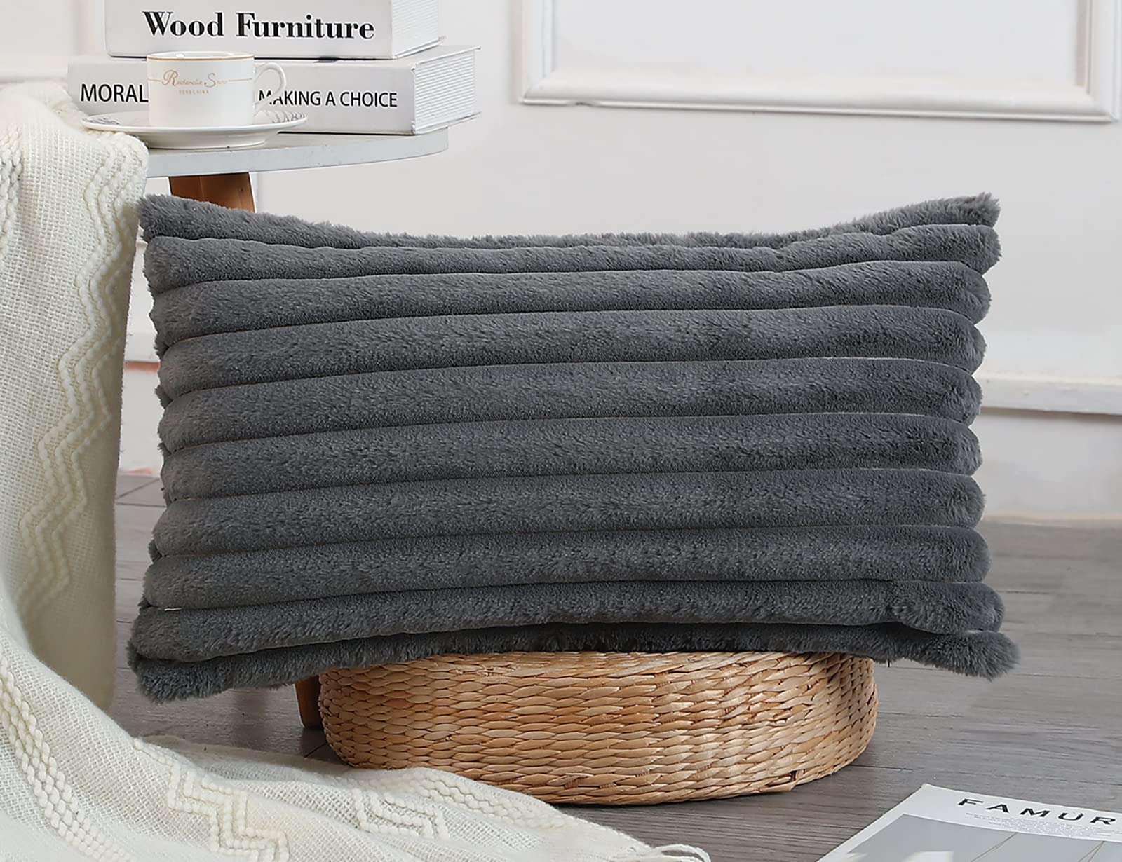 Panod Faux Fur Decorative Lumbar Throw Pillow Covers 14 X 24,Long Boho Lumbar Pillow Covers Pillow Case Cushion Case For Couch B