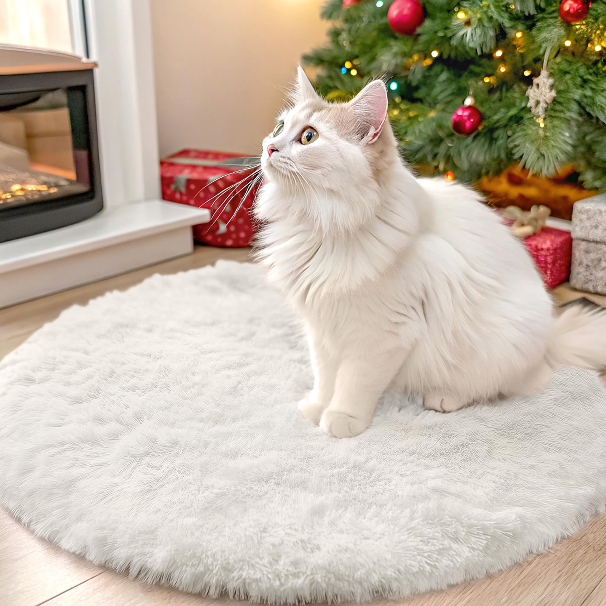OLANLY Ivory Round Rugs for Bedroom - Machine Washable, 2x2 Feet Circle Area Rugs for Living Room, Soft and Fluffy Shaggy Carpet