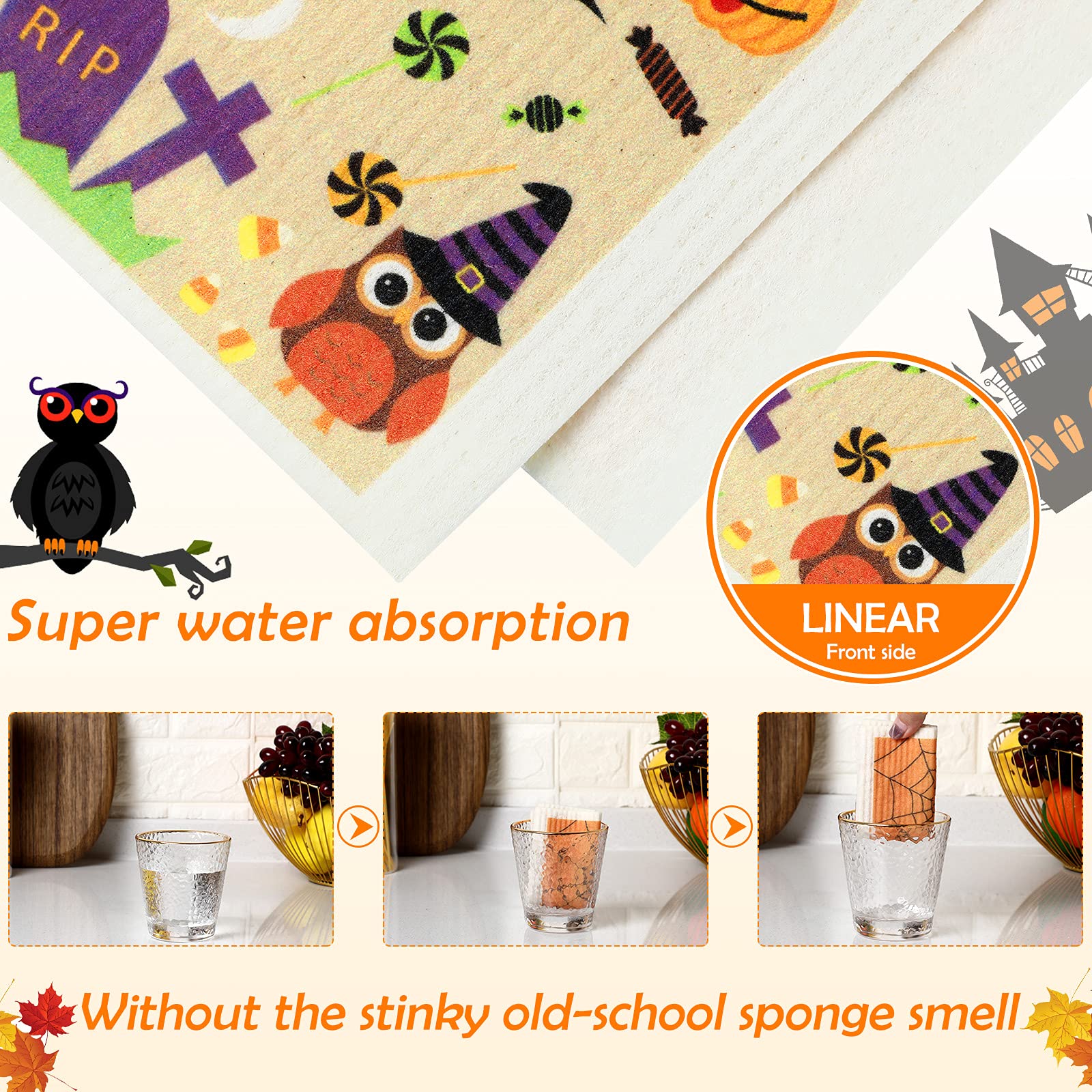 Honeydak 6 Pcs Halloween Swedish Dish Towels Ghost Pumpkin Swedish Kitchen Dishcloths Washable Reusable Halloween Dish Cloths Wi