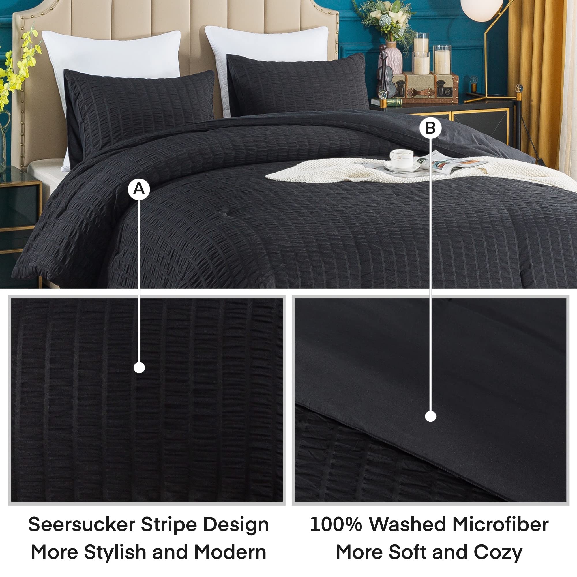 Avelom Black Seersucker Twin/Twin Xl Comforter Set (68X90 Inches), 2 Pieces-100% Soft Washed Microfiber Lightweight Comforter With 1 Pillowcase, All Season Down Alternative Comforter Set For Bedding