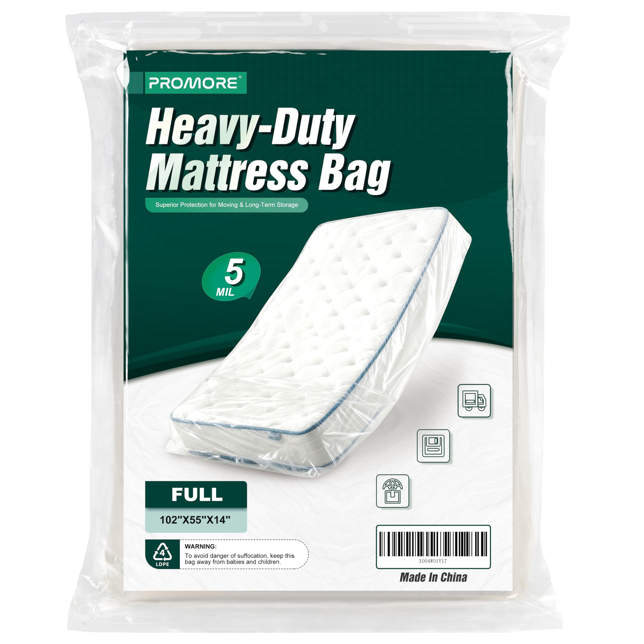 PROMORE Full Size Mattress Bag for Moving and Storage - 5 Mil Heavy Duty, Plastic Waterproof Mattress Cover, Reusable, Tearproof