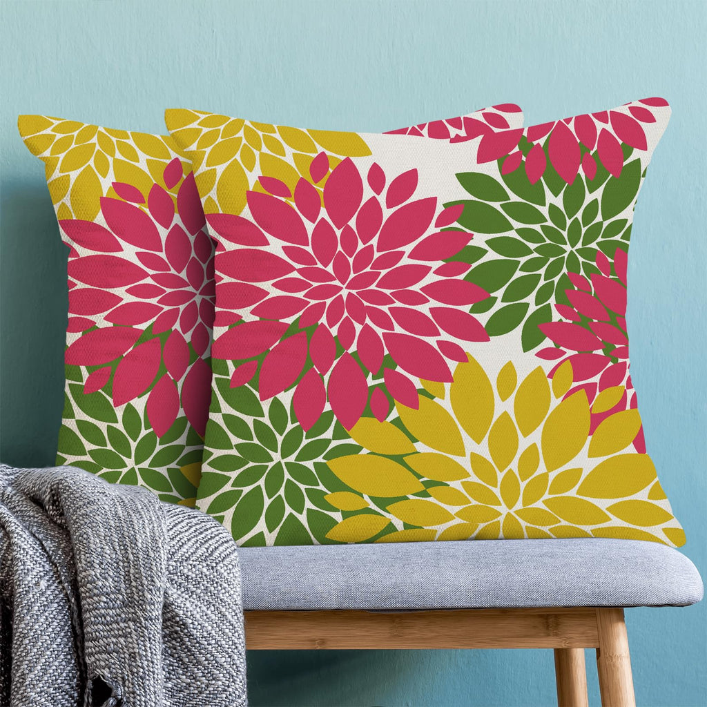 Cxmeifly Hot Pink Summer Outdoor Pillow Covers 18X18 Inch Set Of 2 Yellow Green Dahlia Floral Decor Throw Pillows Modern Geometr