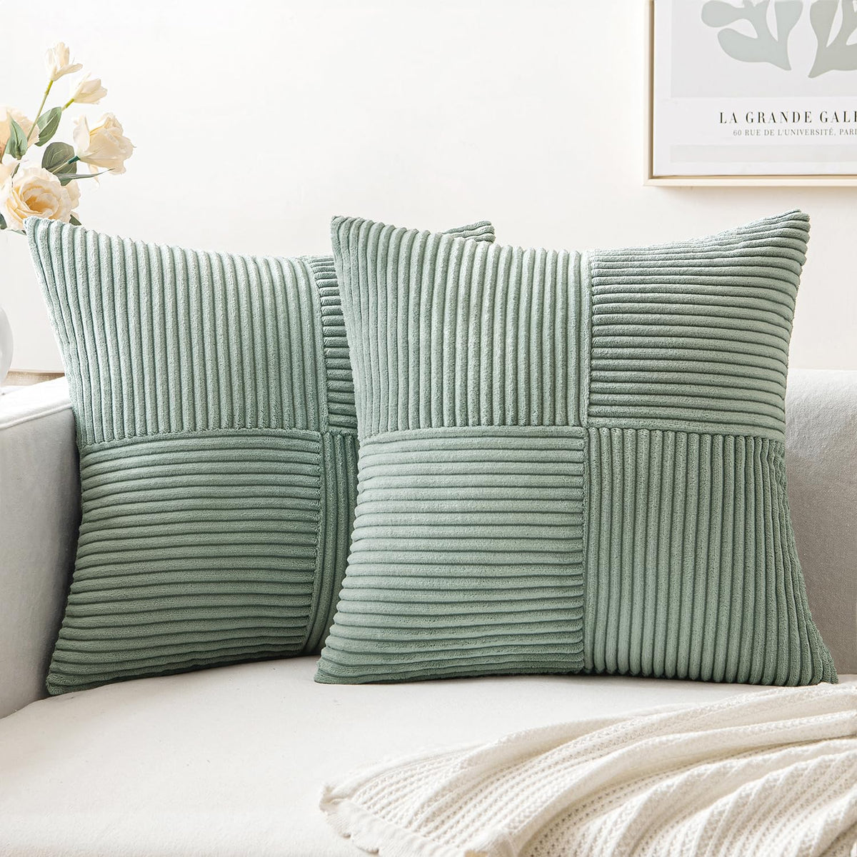 Miulee Greyish Green Corduroy Pillow Covers Pack Of 2 Boho Decorative Spliced Throw Pillow Covers Soft Solid Couch Pillowcases C