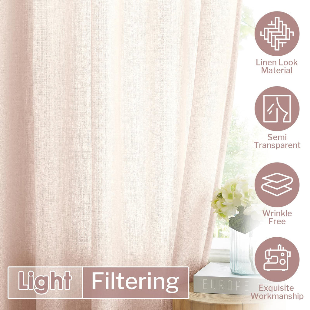 Melodieux Light Pink Semi Sheer Curtains 108 Inches Long For Living Room Bedroom, Extra Long Linen Look Rustic Rod Pocket Sheer