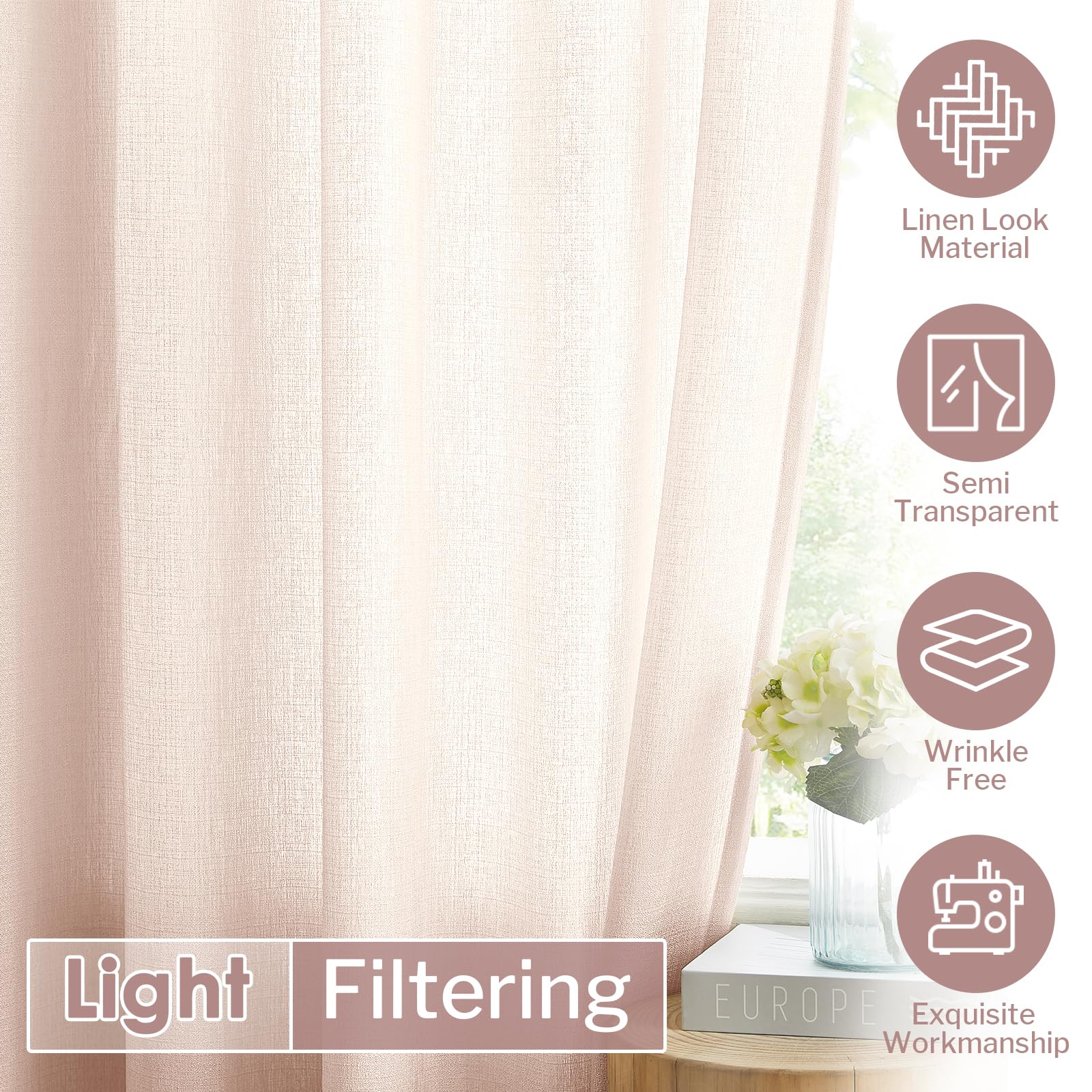 Melodieux Light Pink Semi Sheer Curtains 84 Inches Long For Living Room, Bedroom Linen Look Rod Pocket Window Privacy Sheer Drap