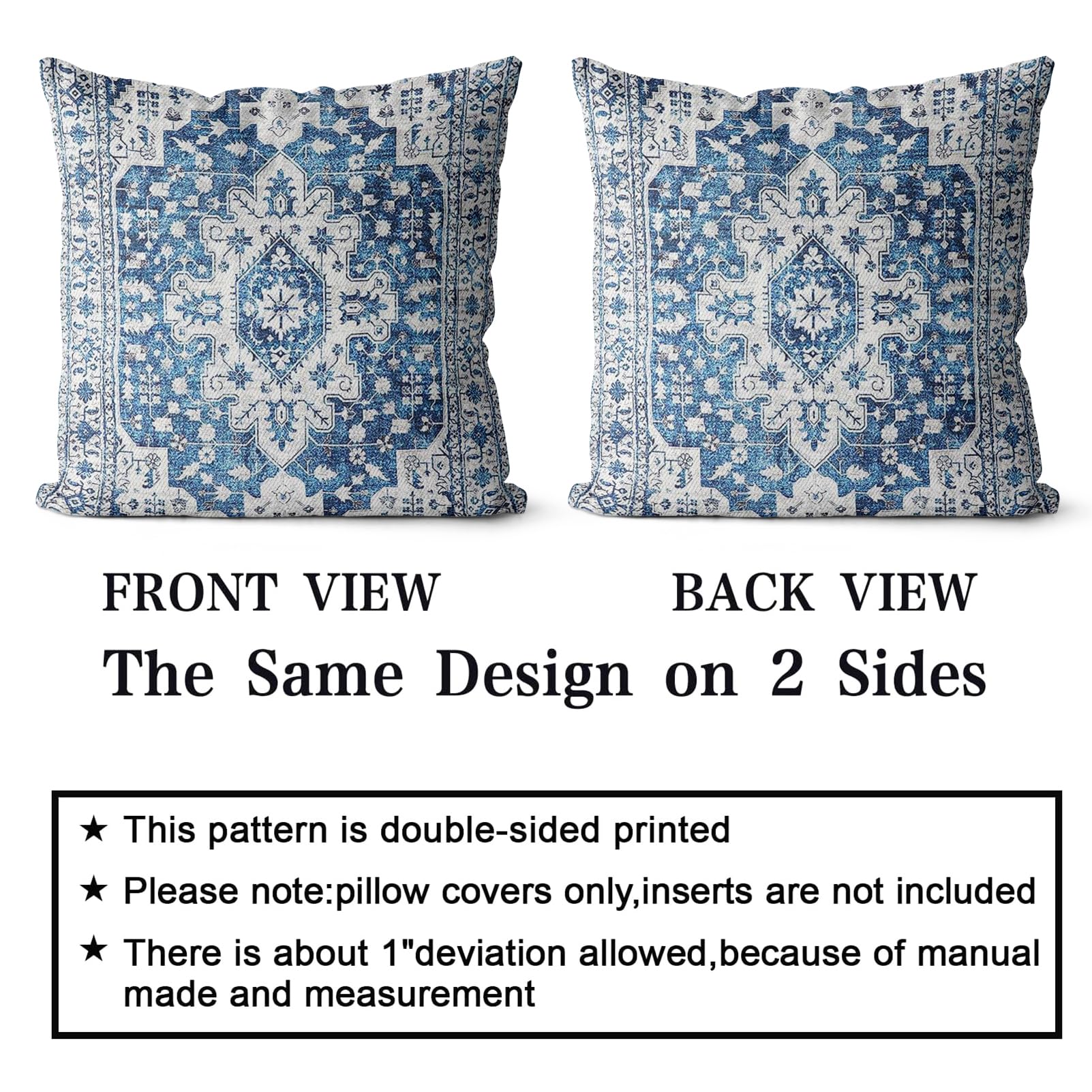 Snycler Boho Throw Pillow Covers 24X24 Inch Set Of 2 Blue Boho Rug Carpet Double Sided Pattern Cotton Soft Pillow Case Cushion C