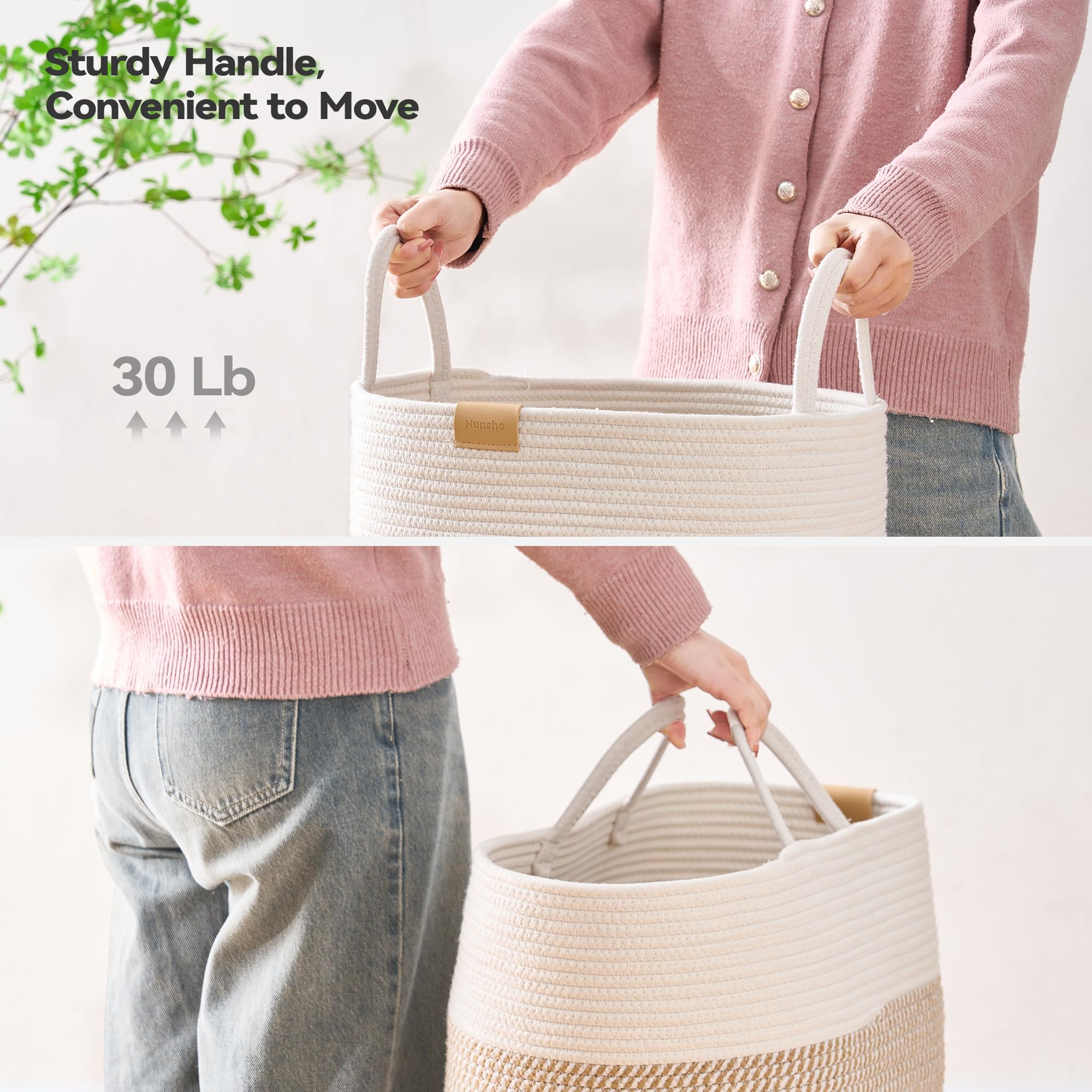 Nunsino 95L Laundry Hamper Basket,Baby Nursery Woven Storage Basket For Toys Bin,Pillows,Blankets,Clothes,Brown&White