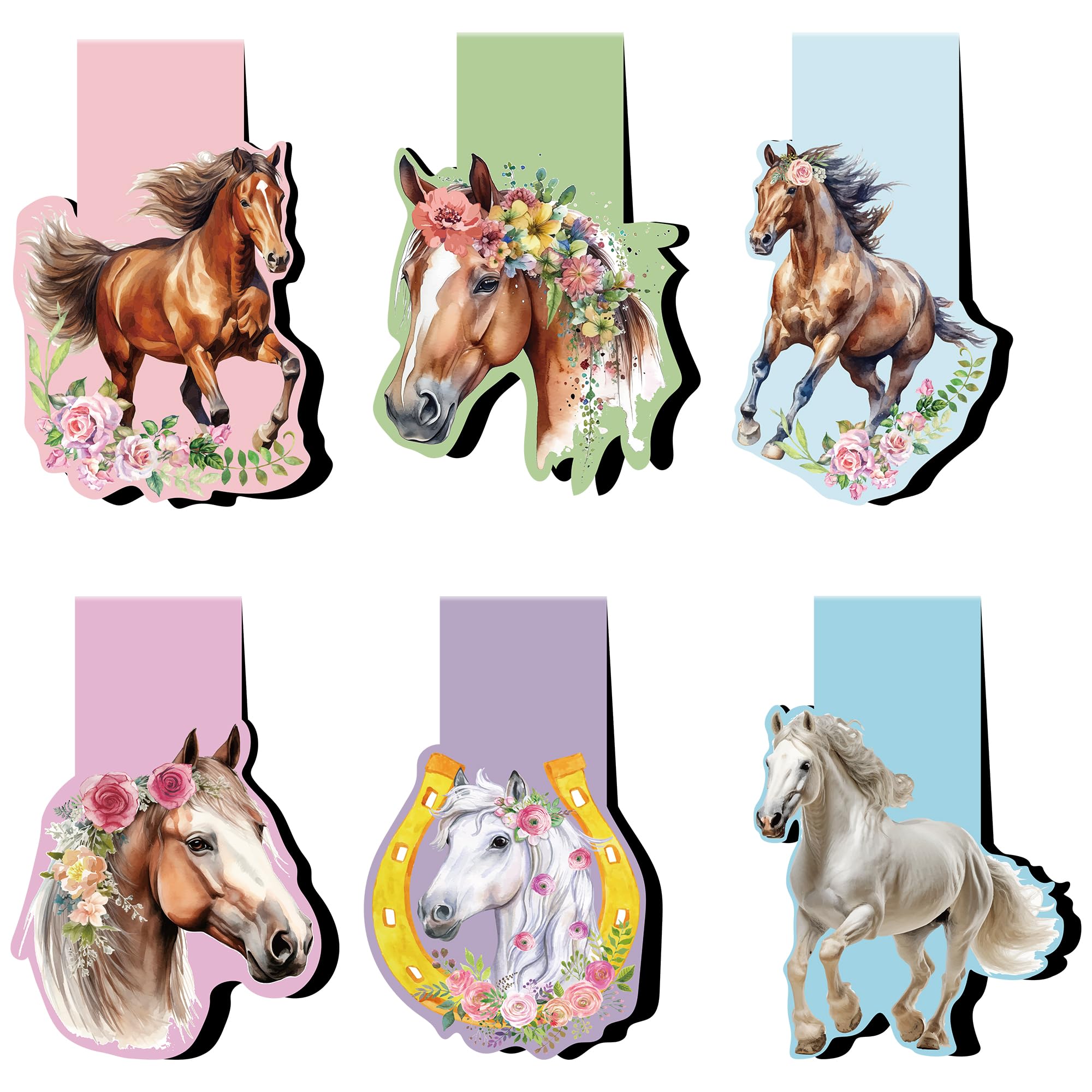 Vorkivecki Flower Horse Magnetic Bookmarks - 6 Pack Irregular Shape Magnet Animal Paper Markers Page Clip Sets Gifts For Reading