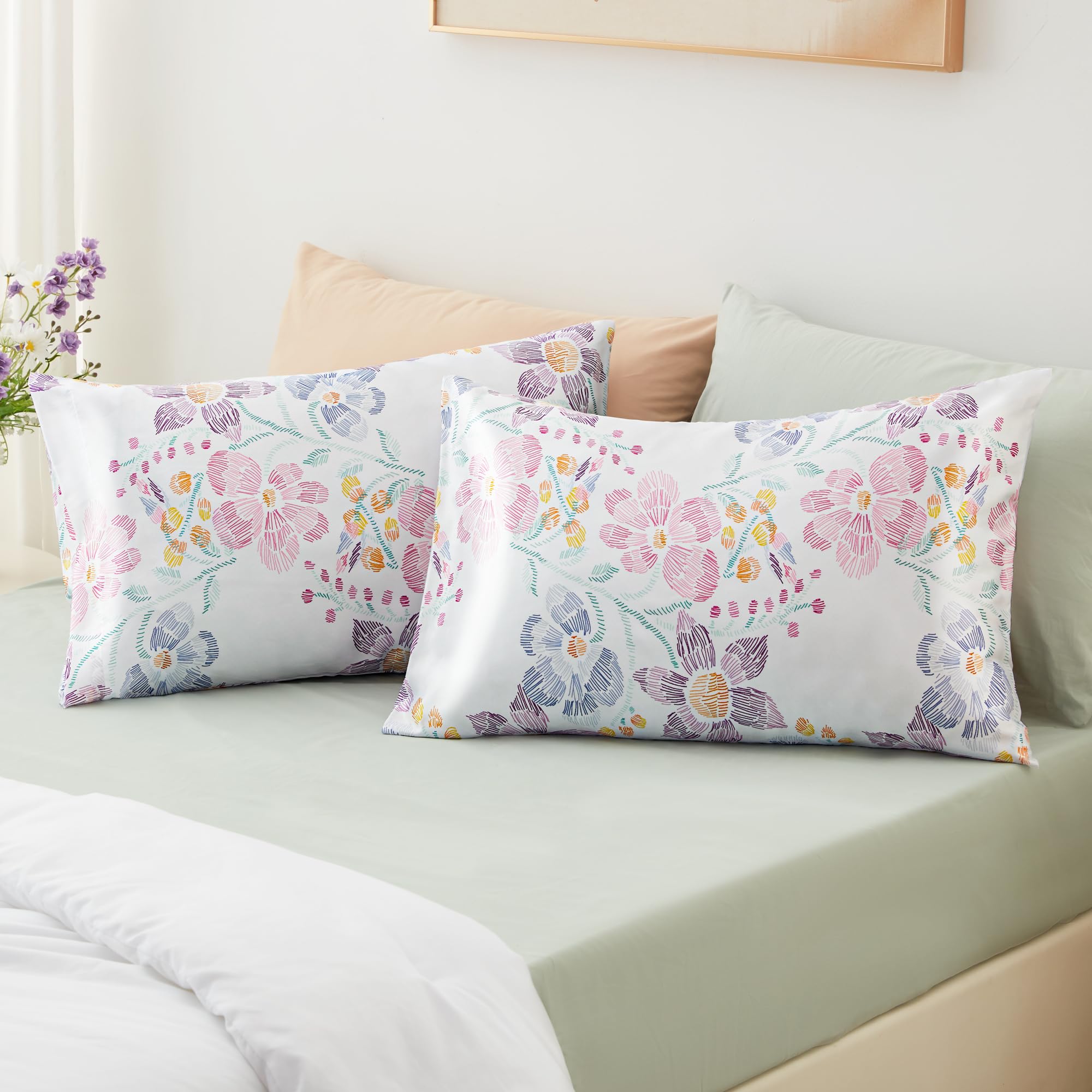 Exq Home Satin Pillowcase For Hair And Skin - Multicolor Printed Flower Silk Pillowcase 2 Pack 20X26 Inches - Standard Size Sati