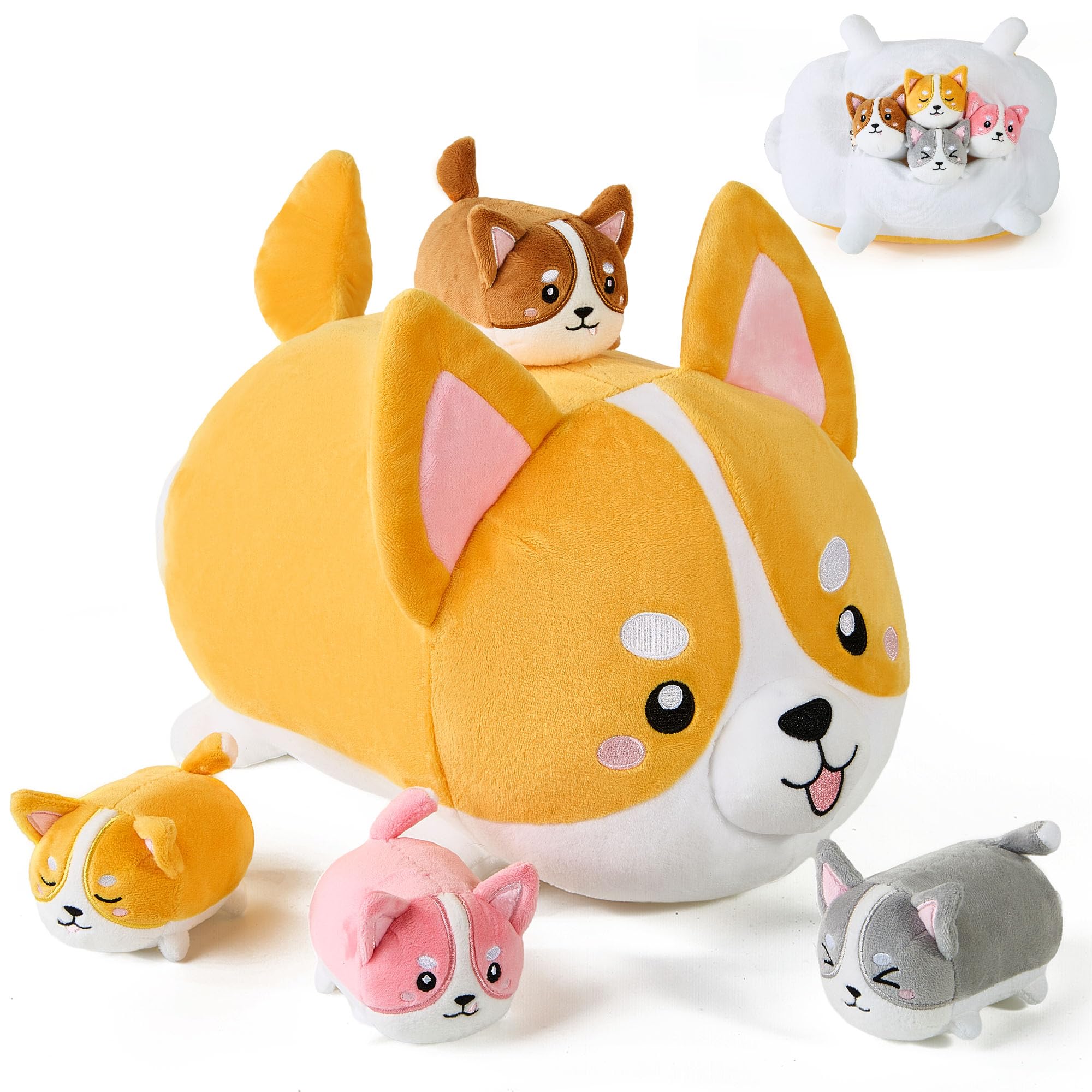 Heamoe 5 Pcs Corgi Dog Stuffed Animals For Kids,15.7' Mommy Dog Plush With 4 Babies Puppy Inside,Soft Corgi Shiba Inu Dog Plush