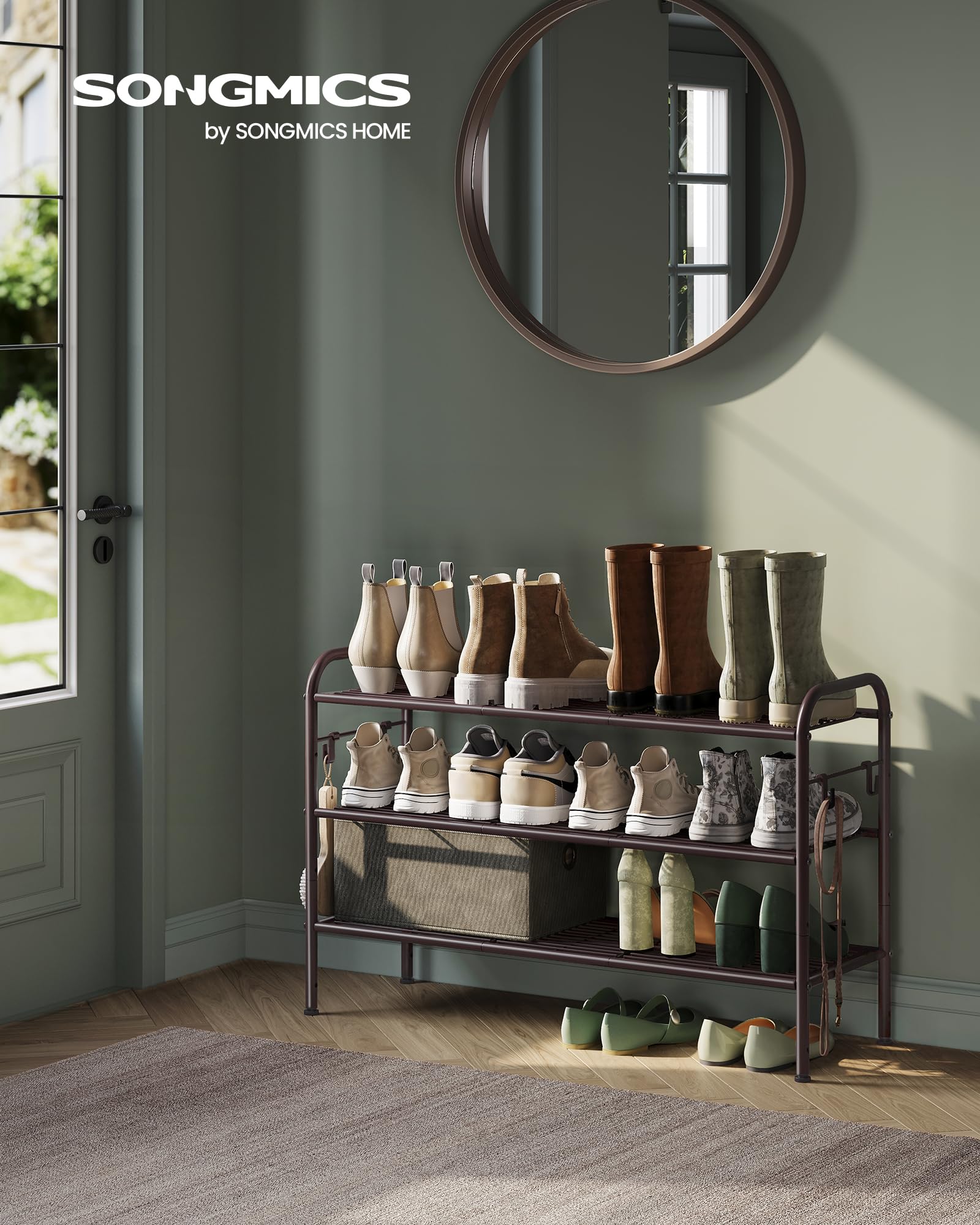 Songmics Shoe Rack, 3-Tier Shoe Organizer, Metal Shoe Shelf Storage With 4 Side Hooks, Holds 15 Pairs Of Shoes, Height-Adjustable Shoe Rack For Entryway, Hallway, Closet, Easy Assembly, Chestnut Brown